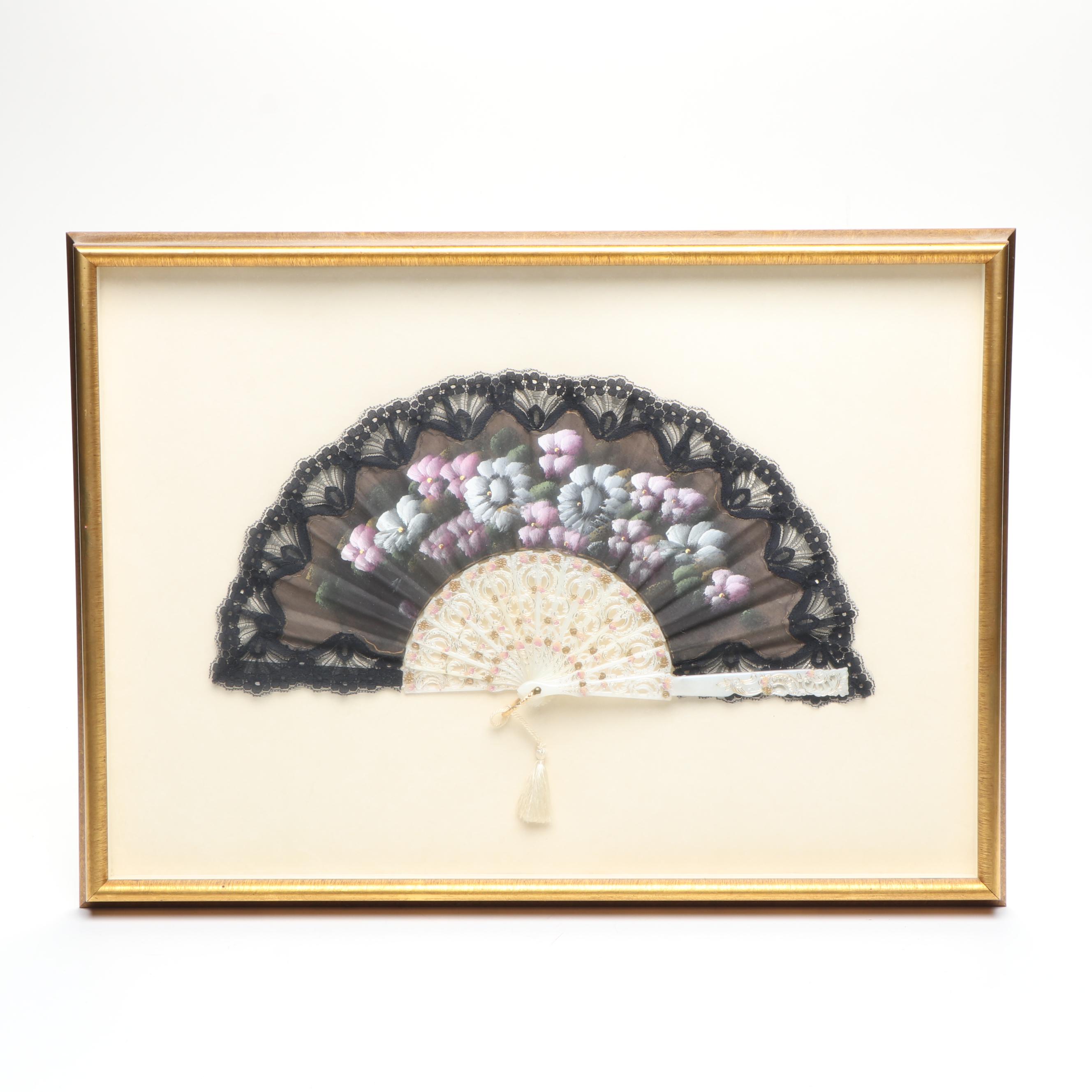 Hand-Painted Floral Motif Folding Fan in Giltwood Frame, Late 20th Century