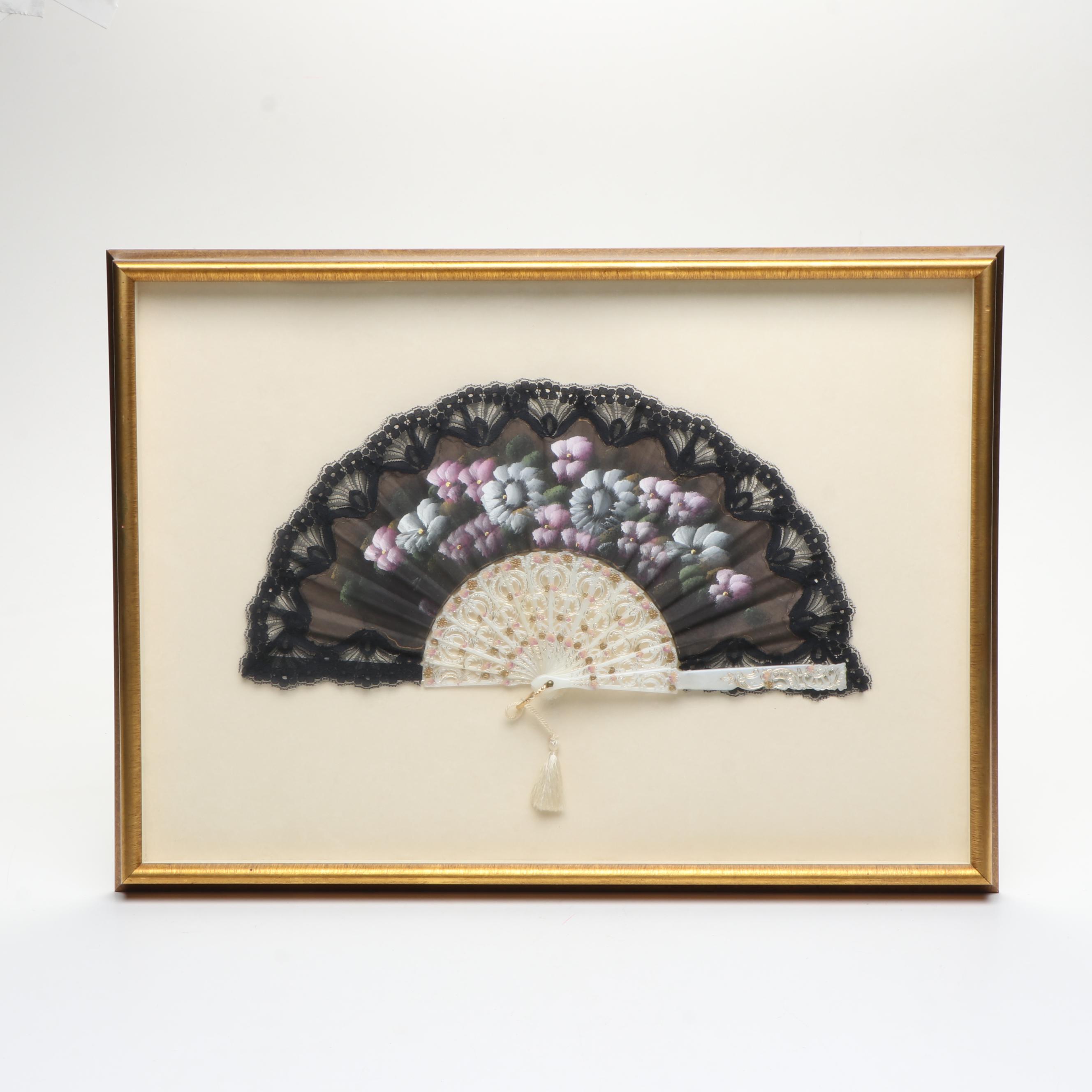 Hand-Painted Floral Motif Folding Fan in Giltwood Frame, Late 20th Century
