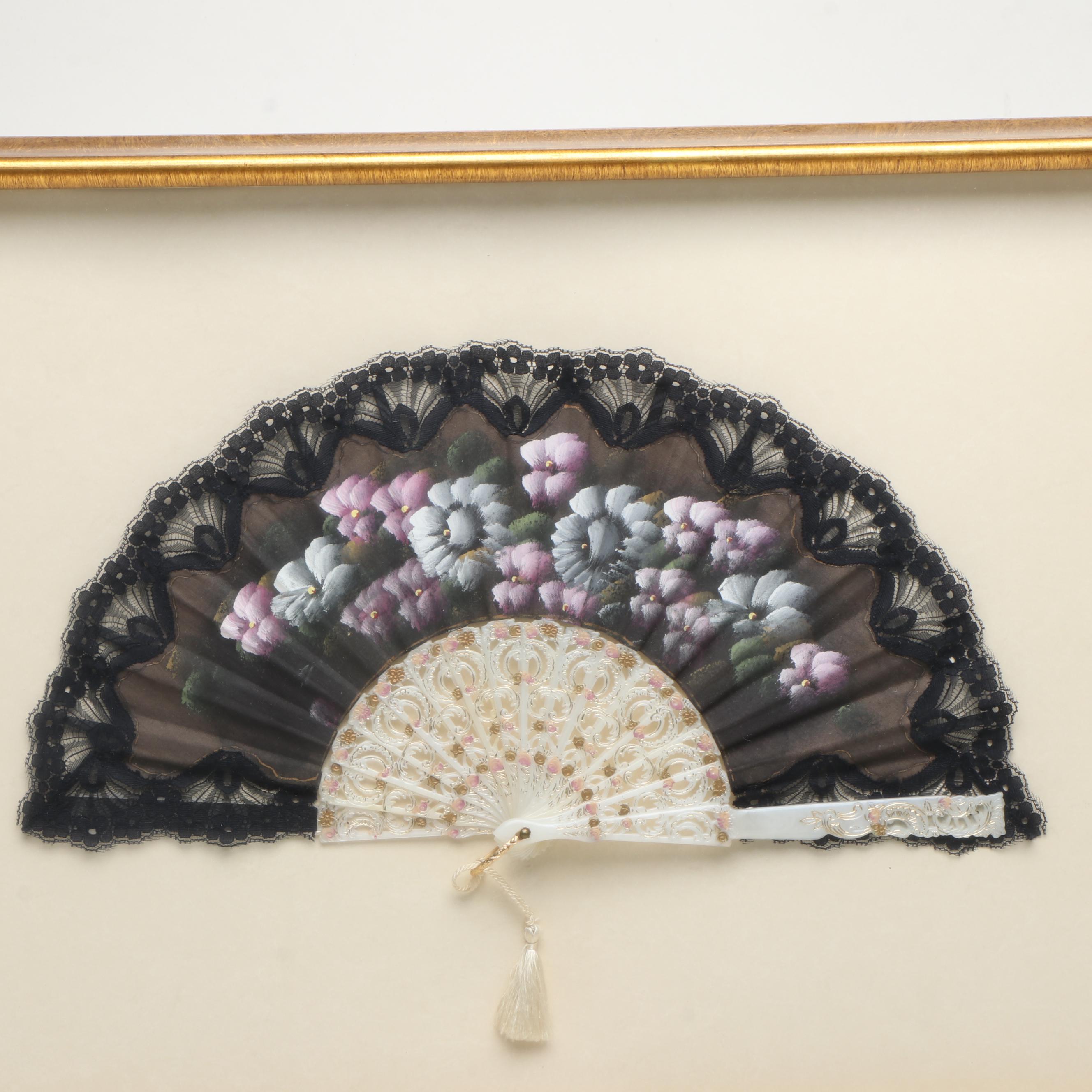 Hand-Painted Floral Motif Folding Fan in Giltwood Frame, Late 20th Century