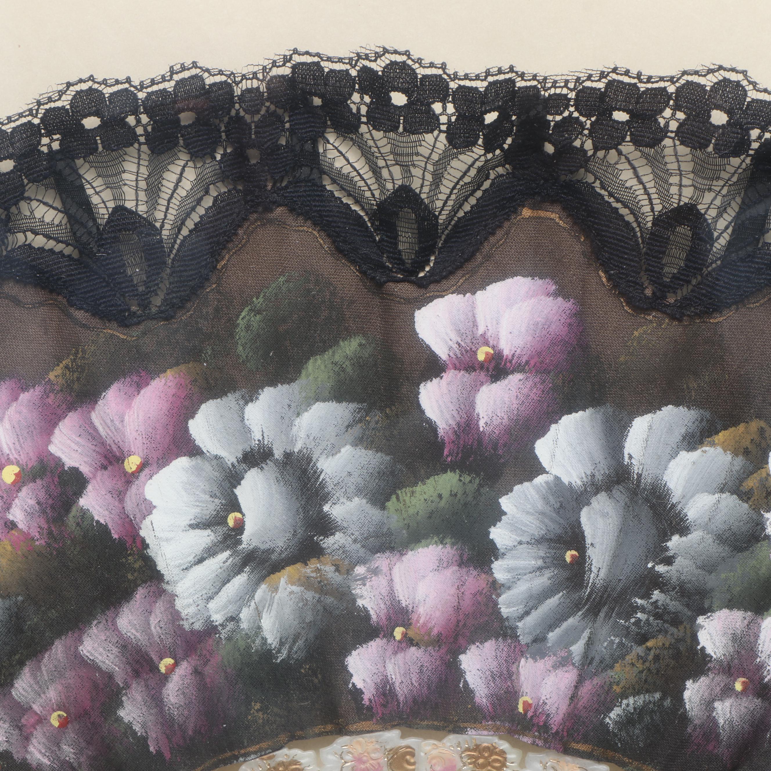 Hand-Painted Floral Motif Folding Fan in Giltwood Frame, Late 20th Century