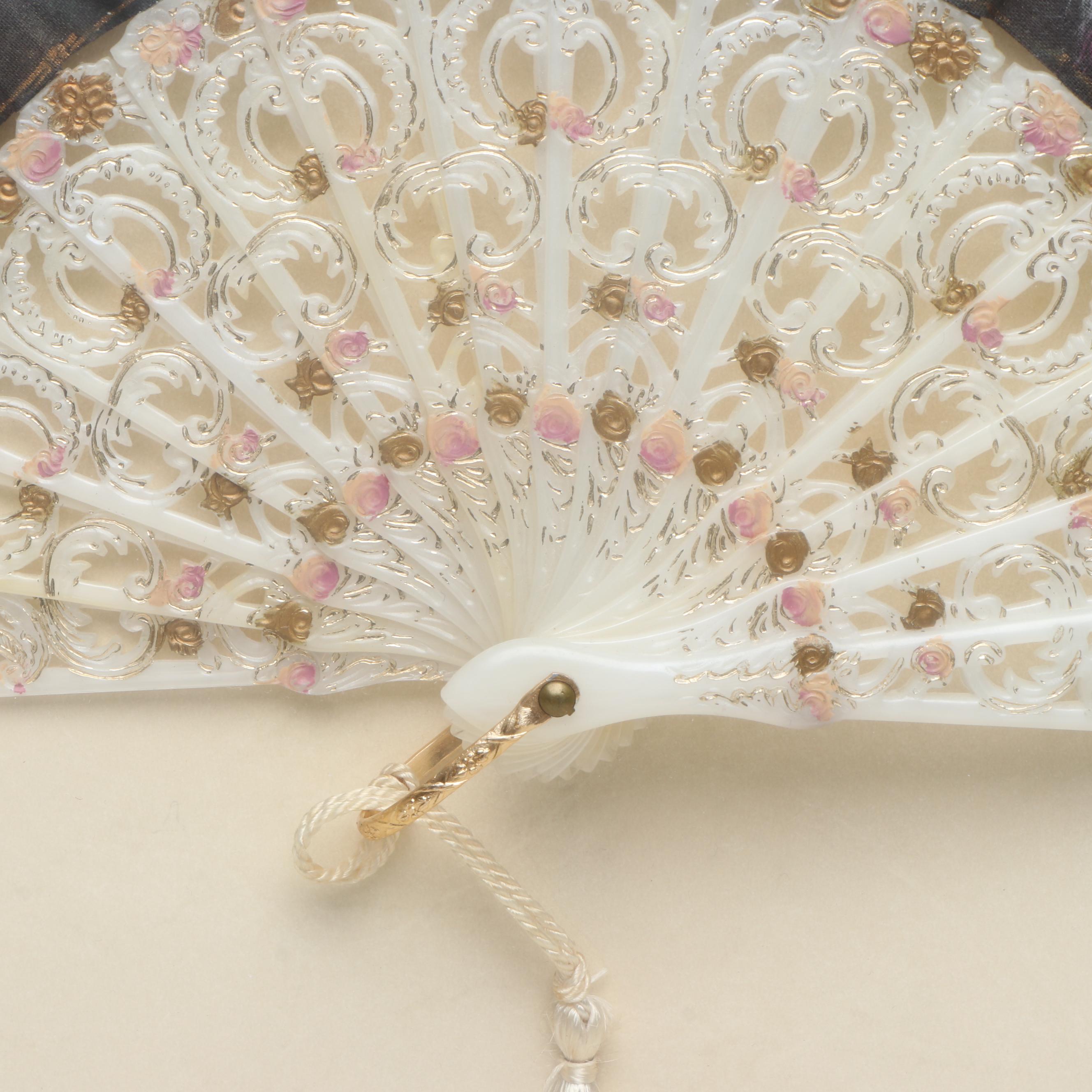 Hand-Painted Floral Motif Folding Fan in Giltwood Frame, Late 20th Century