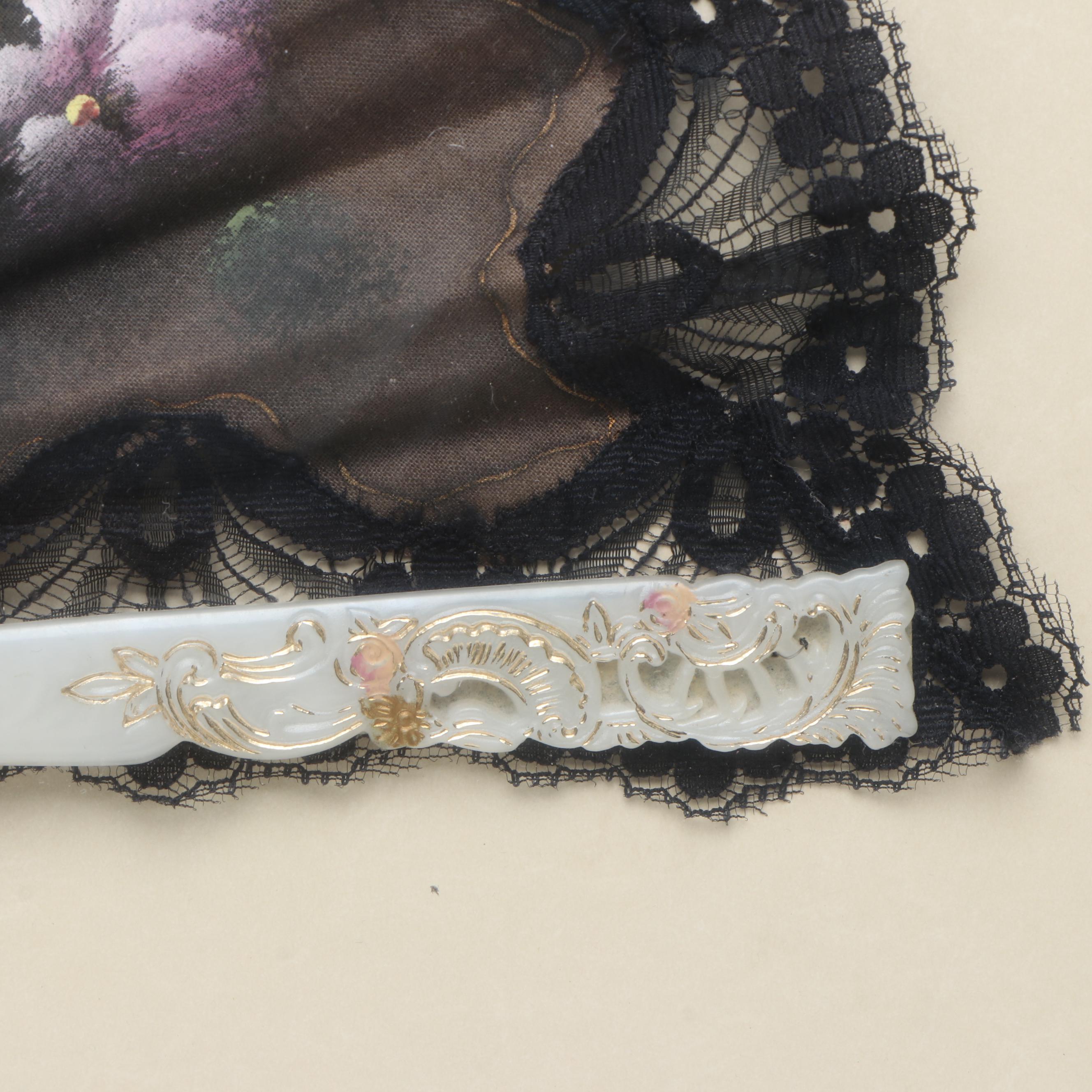 Hand-Painted Floral Motif Folding Fan in Giltwood Frame, Late 20th Century