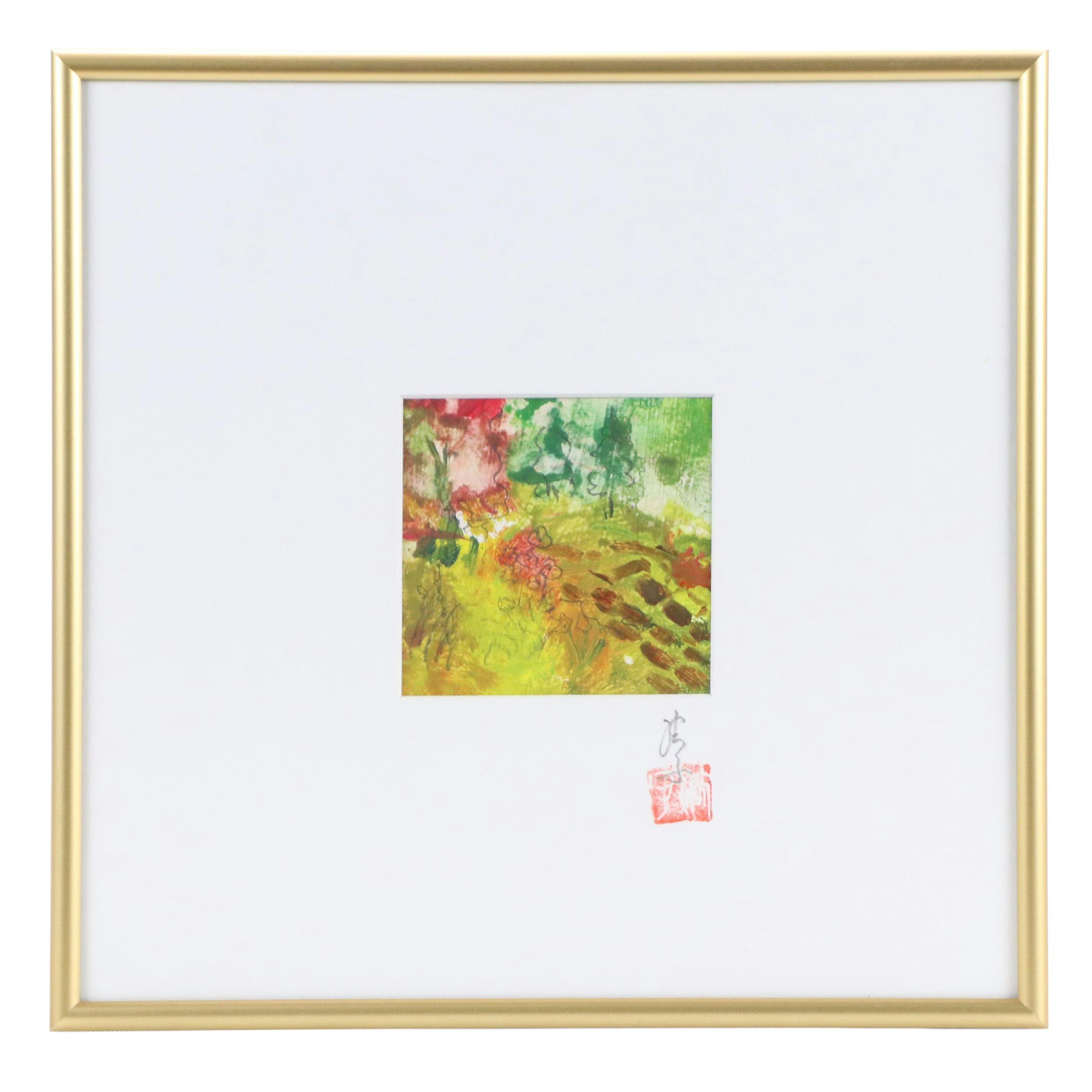 East Asian Watercolor and Graphite Abstract Painting, 20th Century