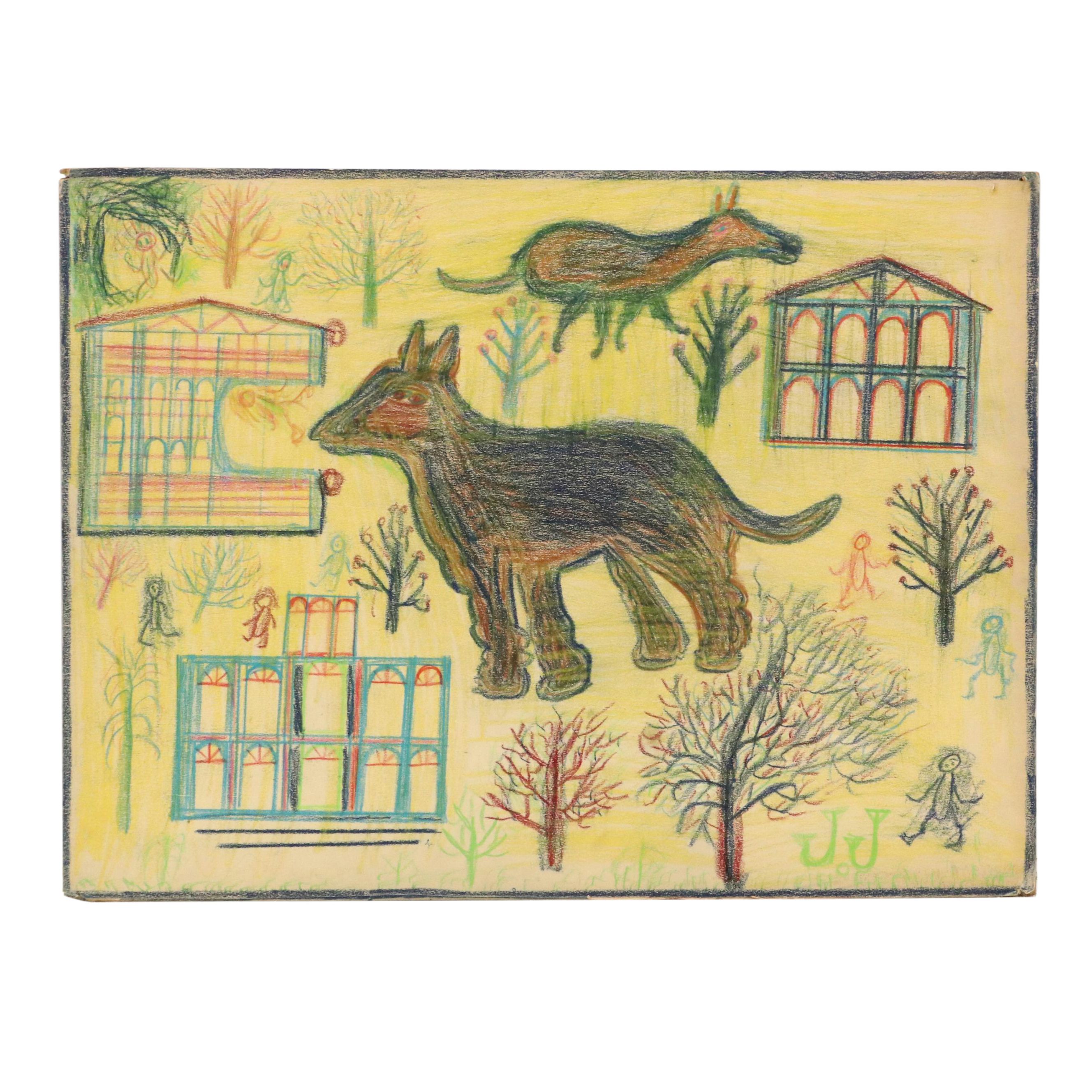 Self-Taught Artist Wax Stick Drawing, Mid-to-Late 20th Century