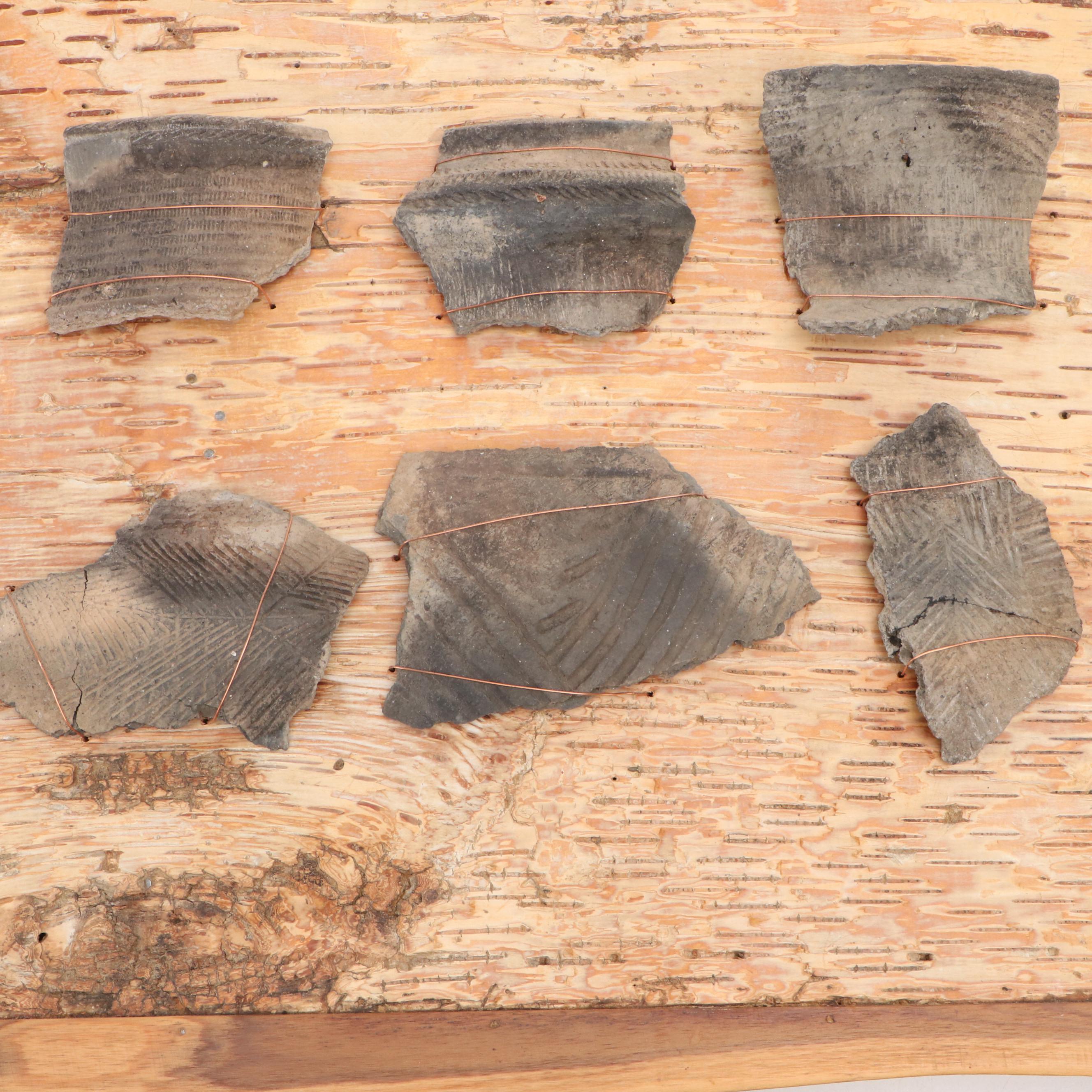 Mounted Fort Ancient Style Cord-Marked and Incised Pottery Fragments