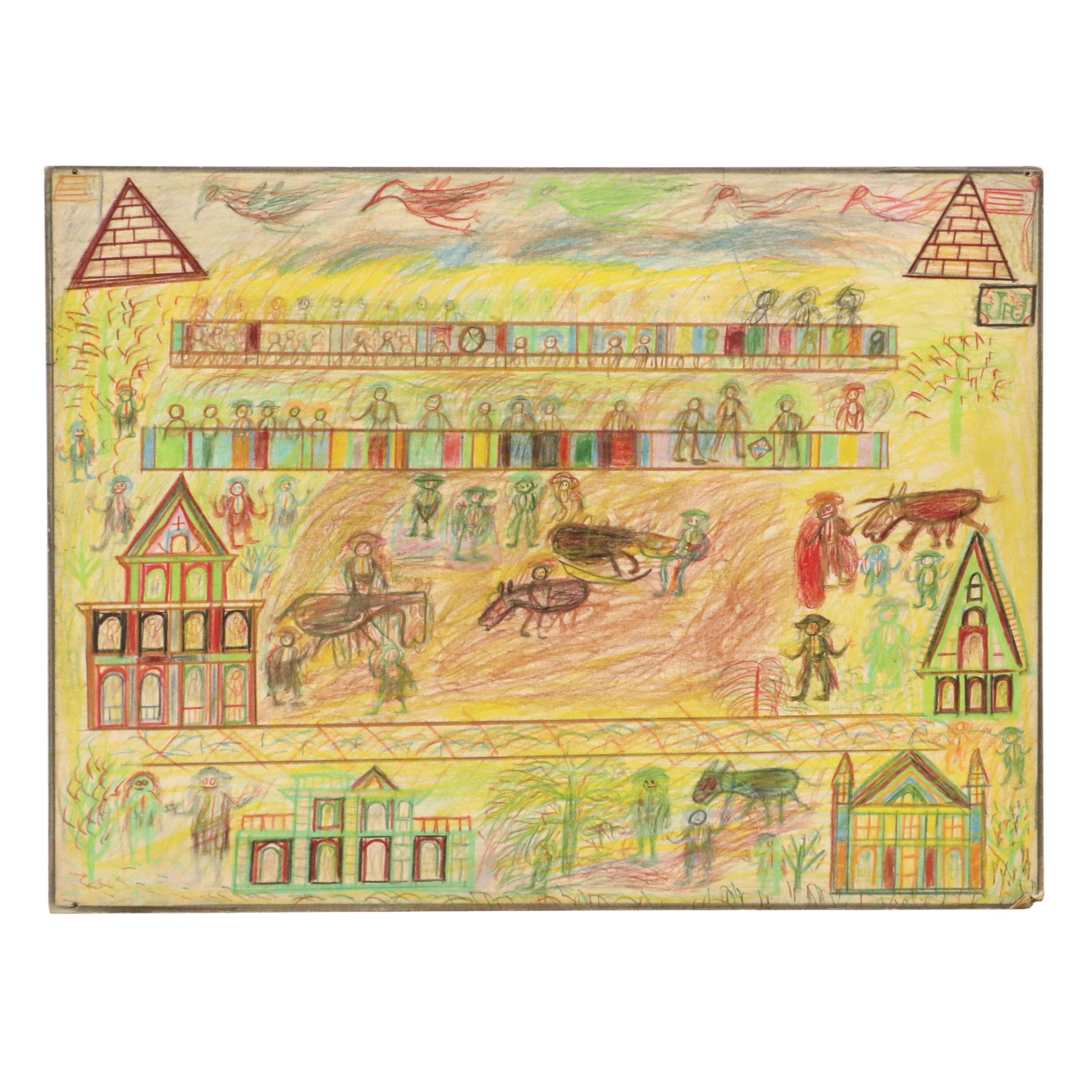 Self-Taught Artist Wax Stick Drawing, Mid-to-Late 20th Century