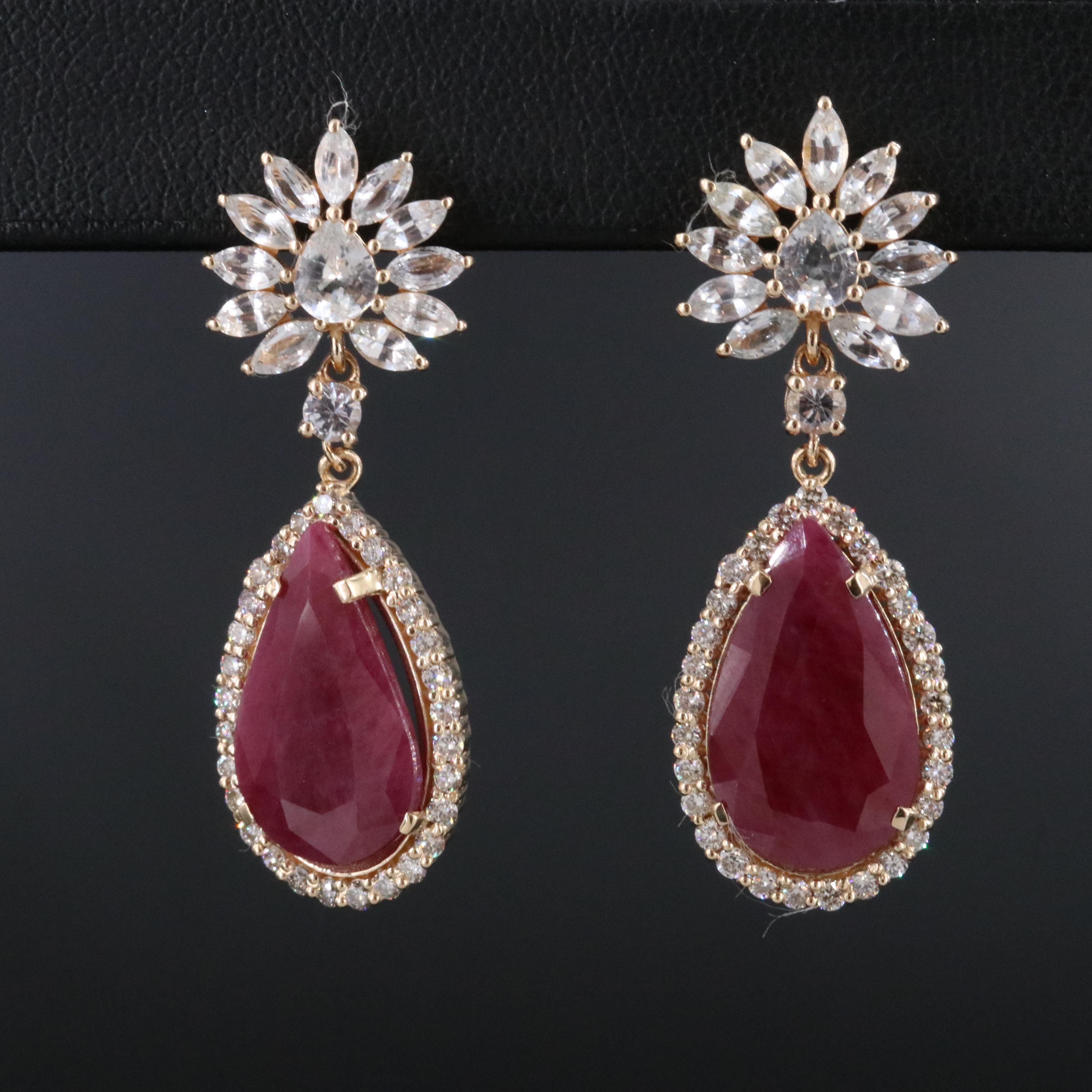 14K 10.90 CTW Ruby, White Sapphire and Diamond Earrings with IGI Jewelry Report