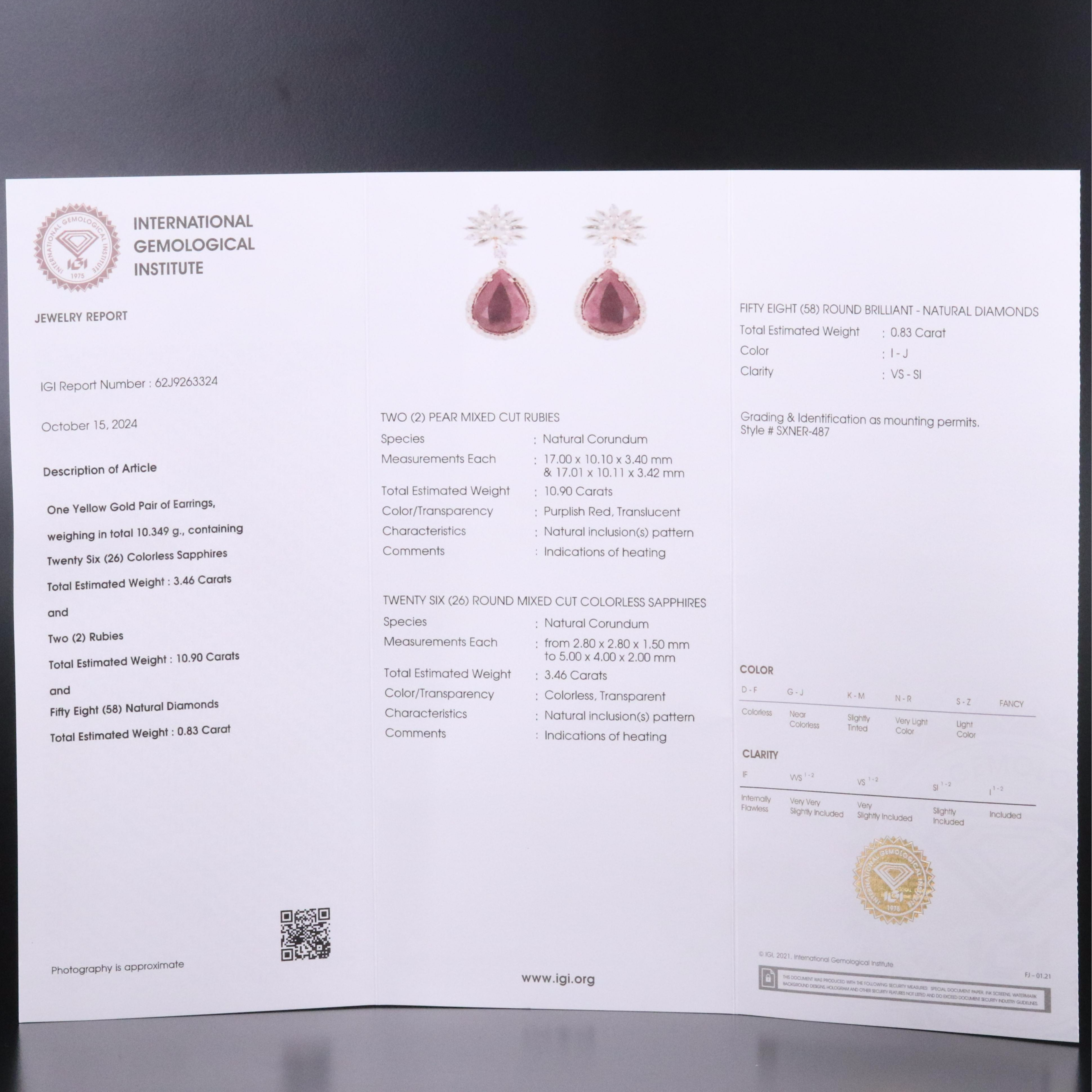 14K 10.90 CTW Ruby, White Sapphire and Diamond Earrings with IGI Jewelry Report