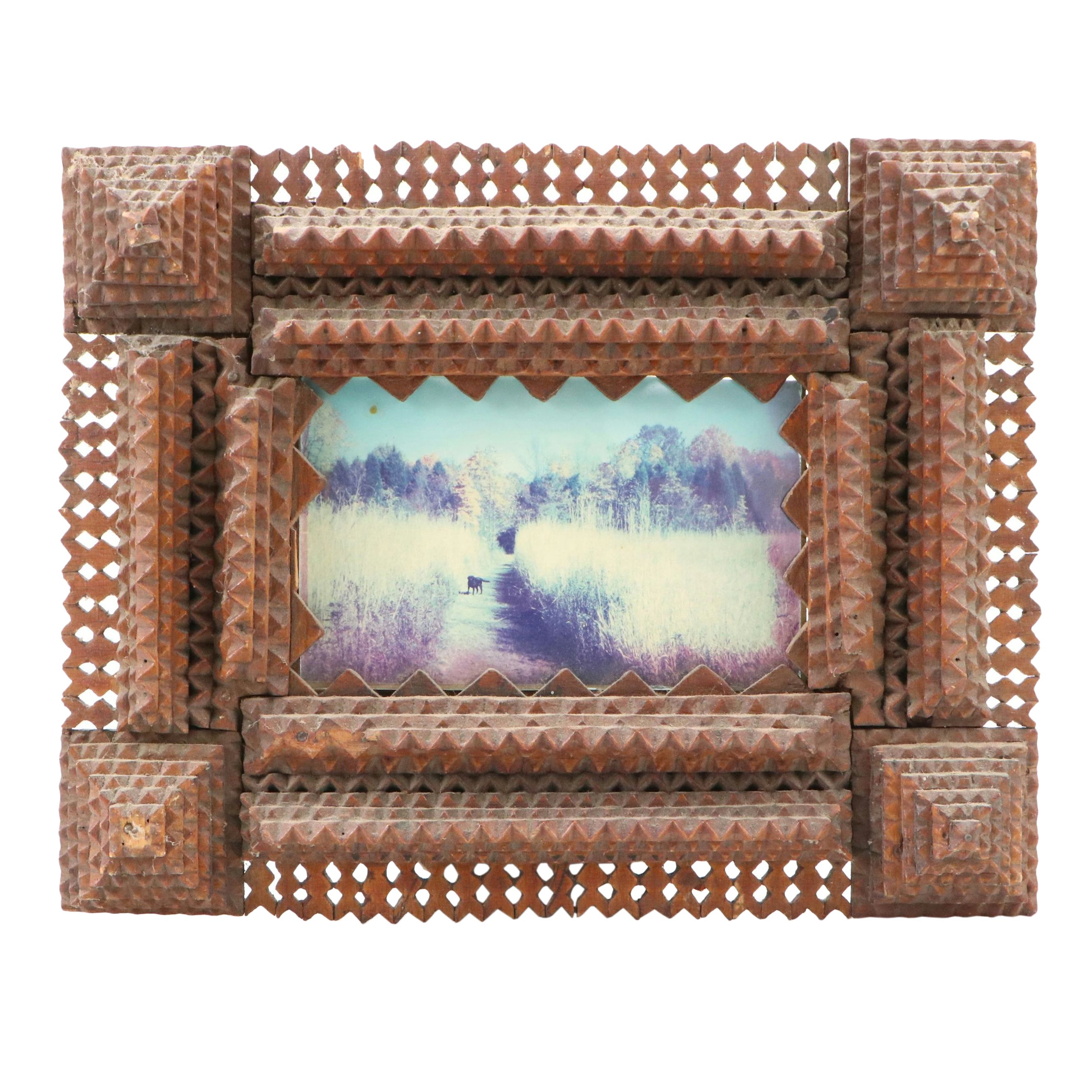 Hand-Carved Wooden Tramp Art Picture Frame with Photo of Labrador, Early 20th C.