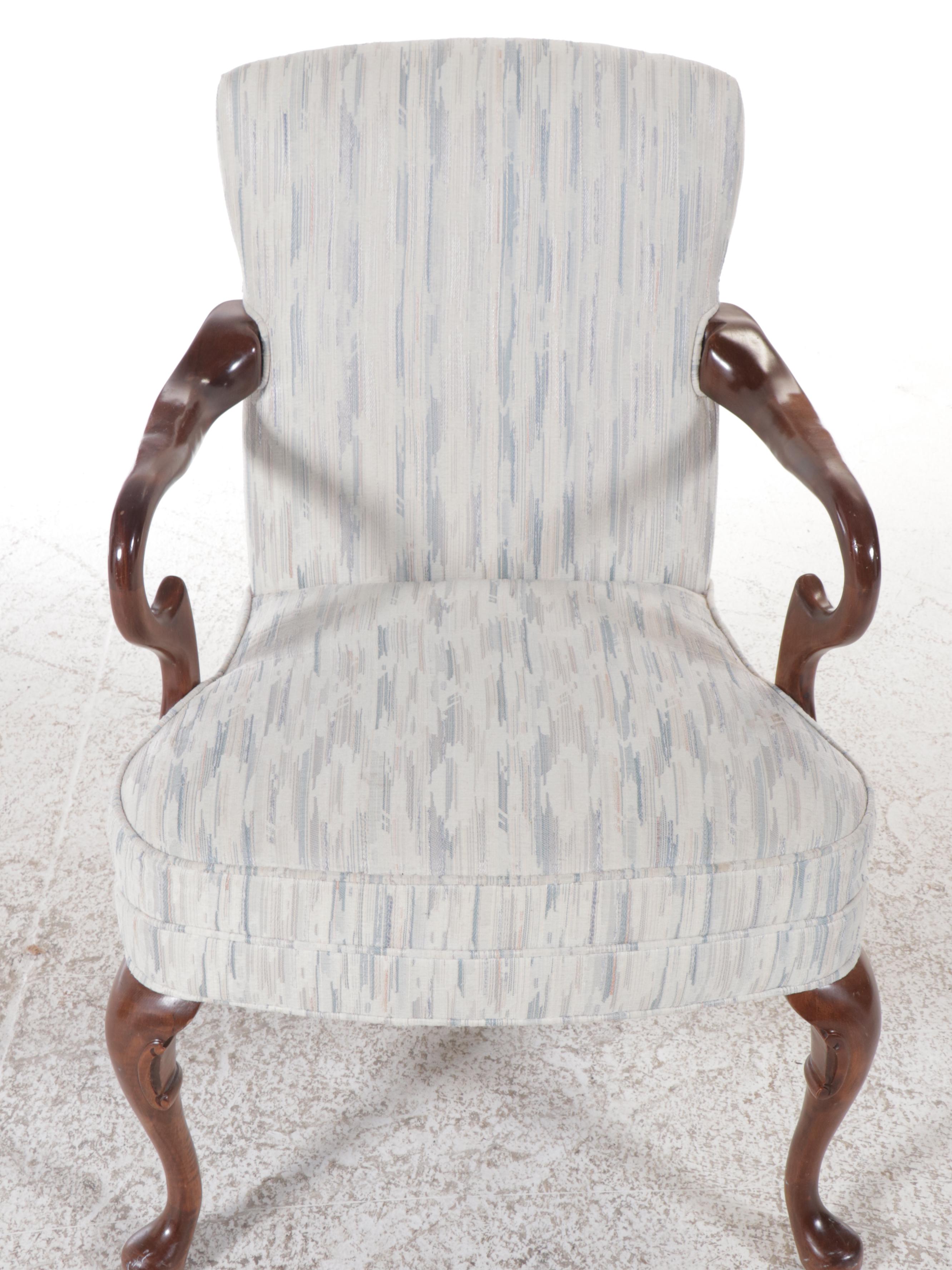Queen Anne Style Fabric Upholstered Mahogany Armchair, Late 20th Century