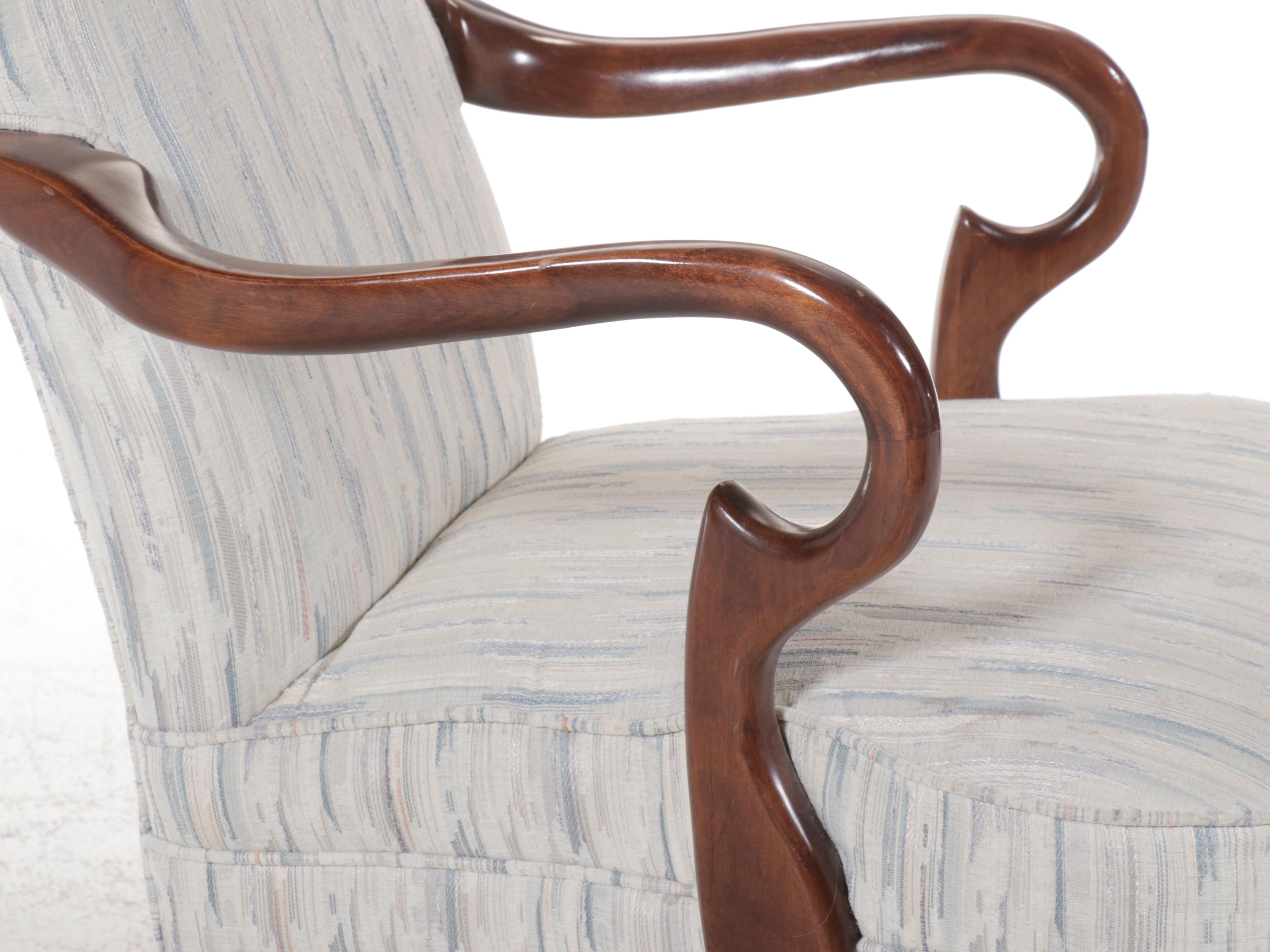 Queen Anne Style Fabric Upholstered Mahogany Armchair, Late 20th Century