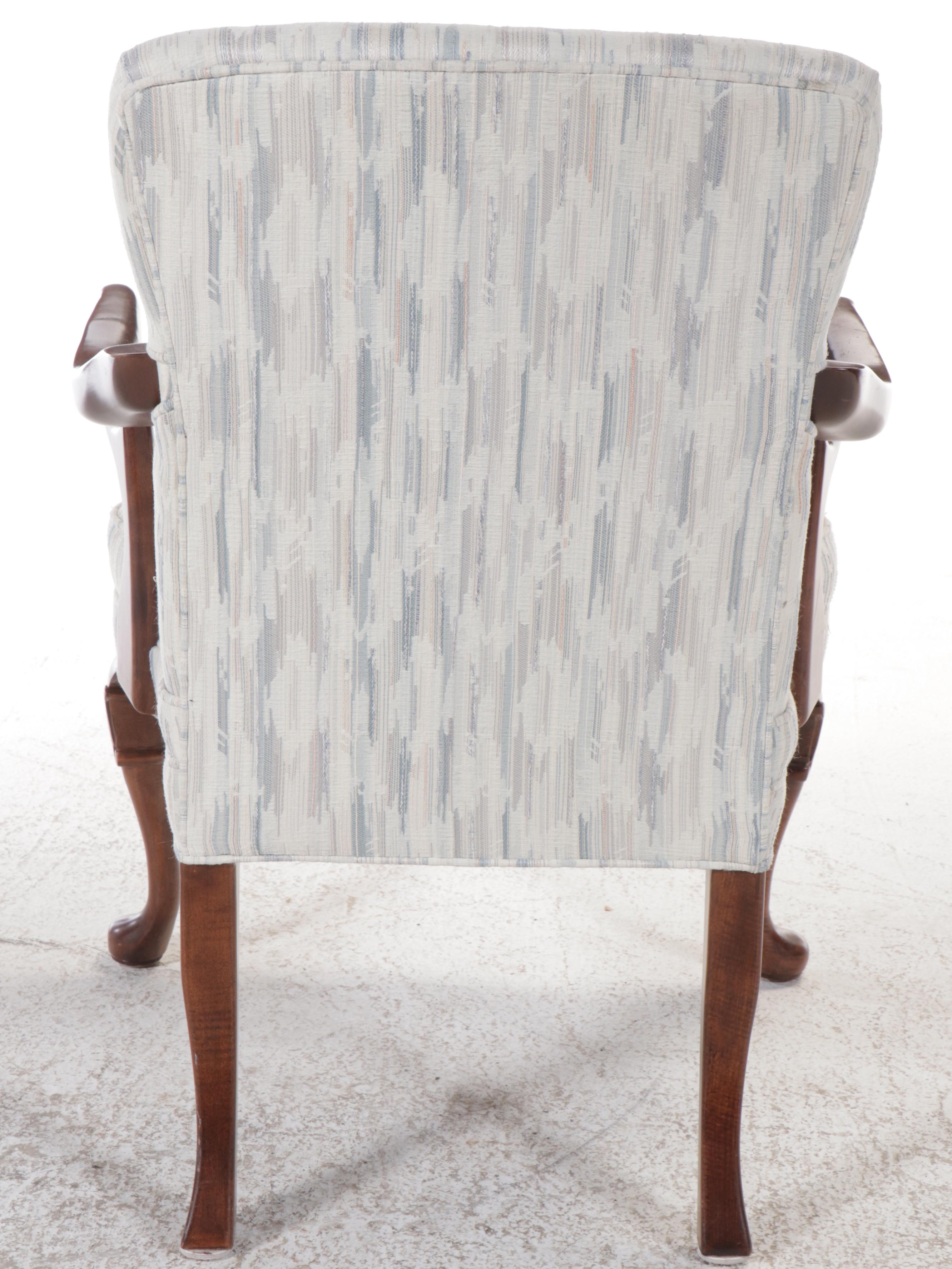 Queen Anne Style Fabric Upholstered Mahogany Armchair, Late 20th Century