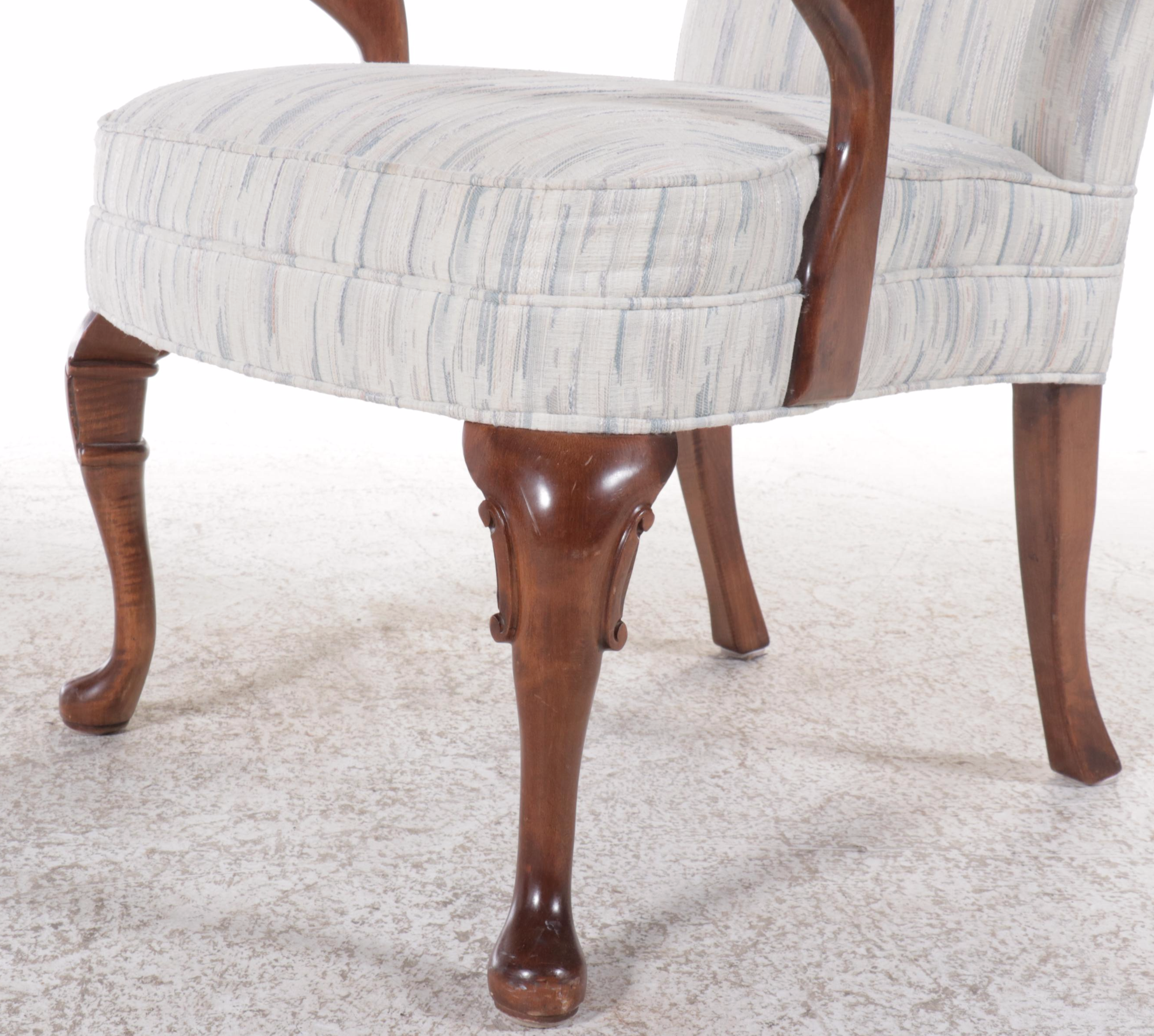 Queen Anne Style Fabric Upholstered Mahogany Armchair, Late 20th Century