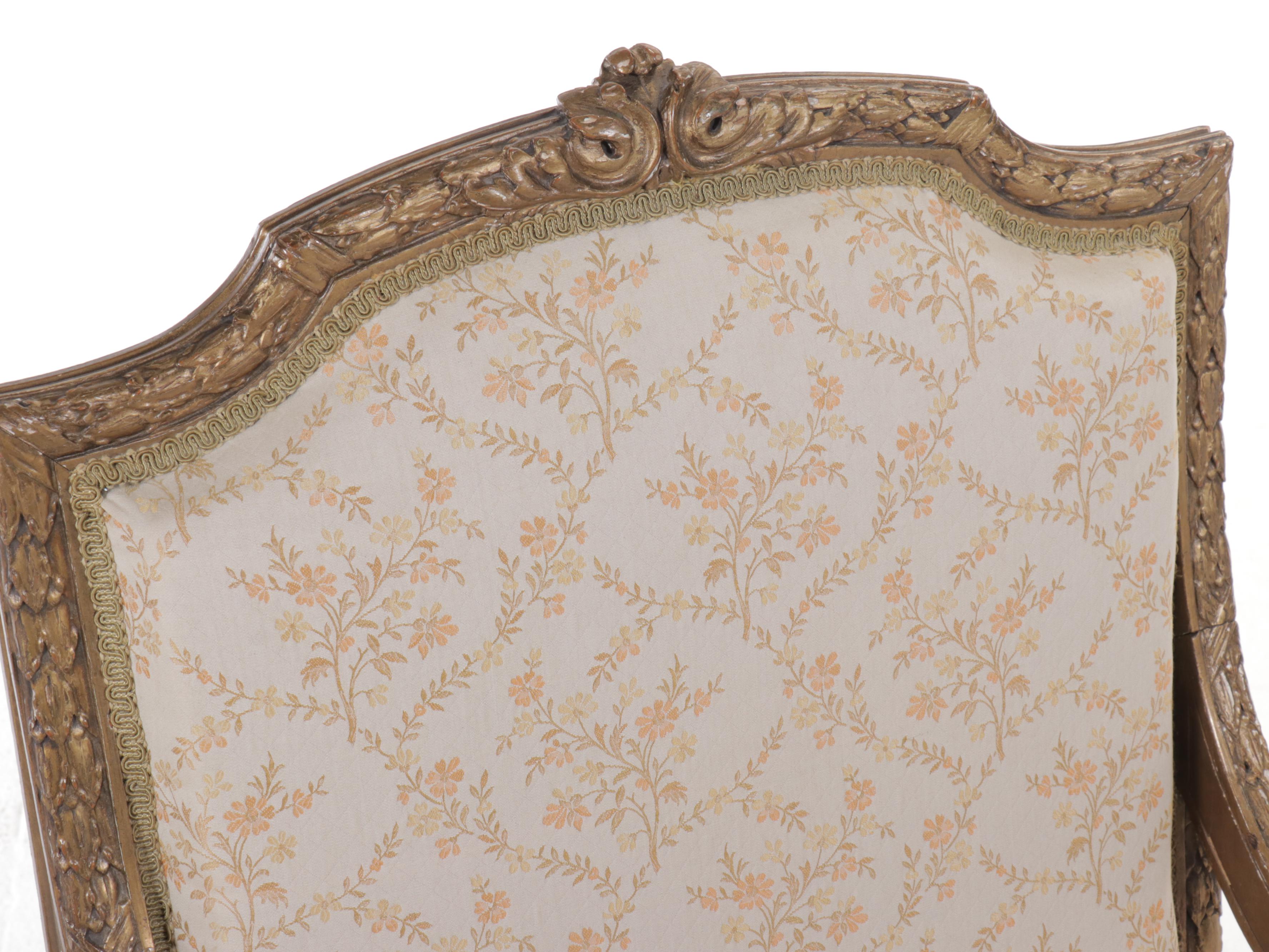 Louis XVI Style Fabric Upholstered Giltwood Fauteuil, 20th Century