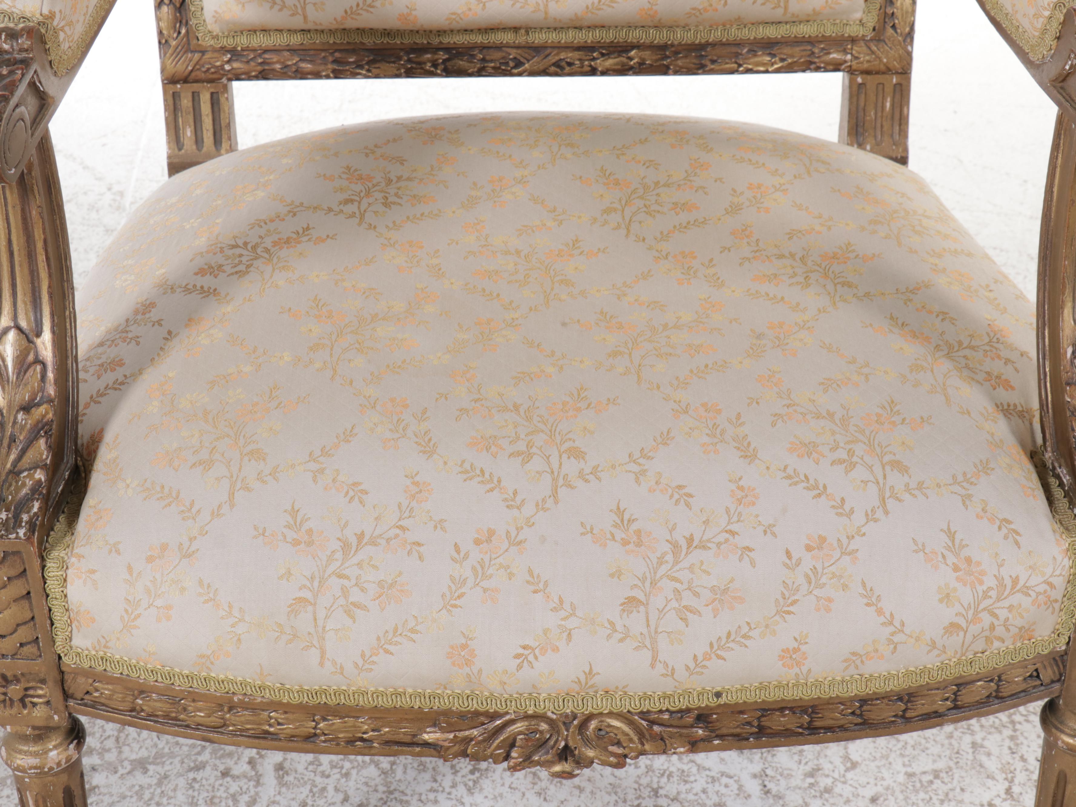 Louis XVI Style Fabric Upholstered Giltwood Fauteuil, 20th Century