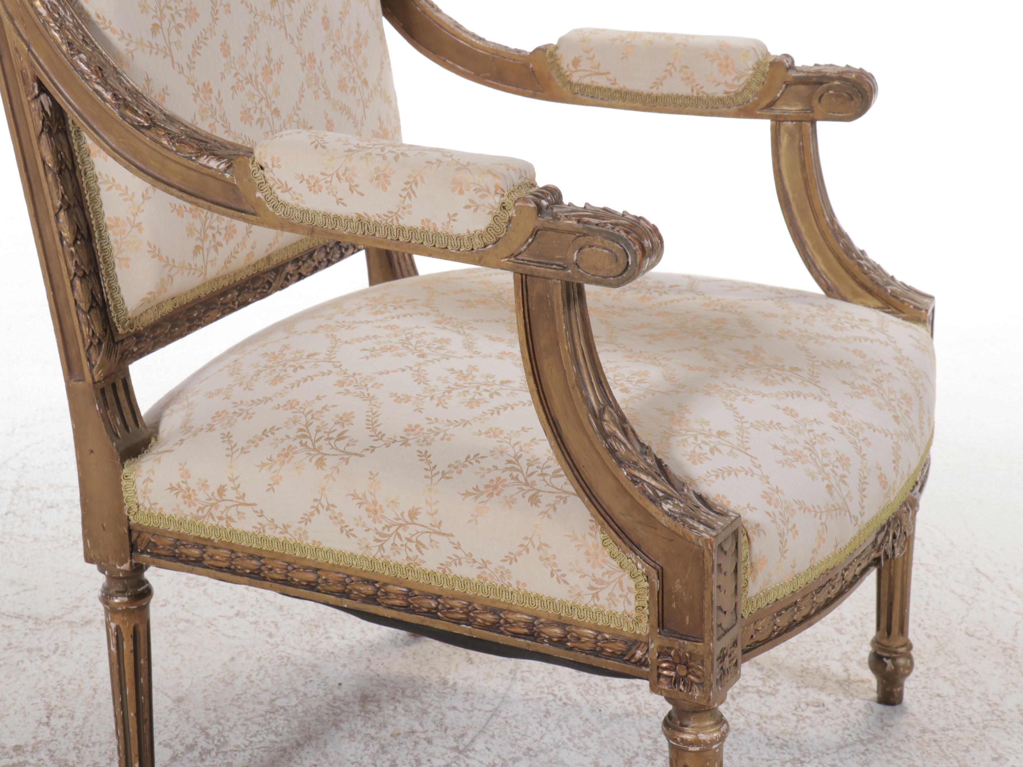 Louis XVI Style Fabric Upholstered Giltwood Fauteuil, 20th Century