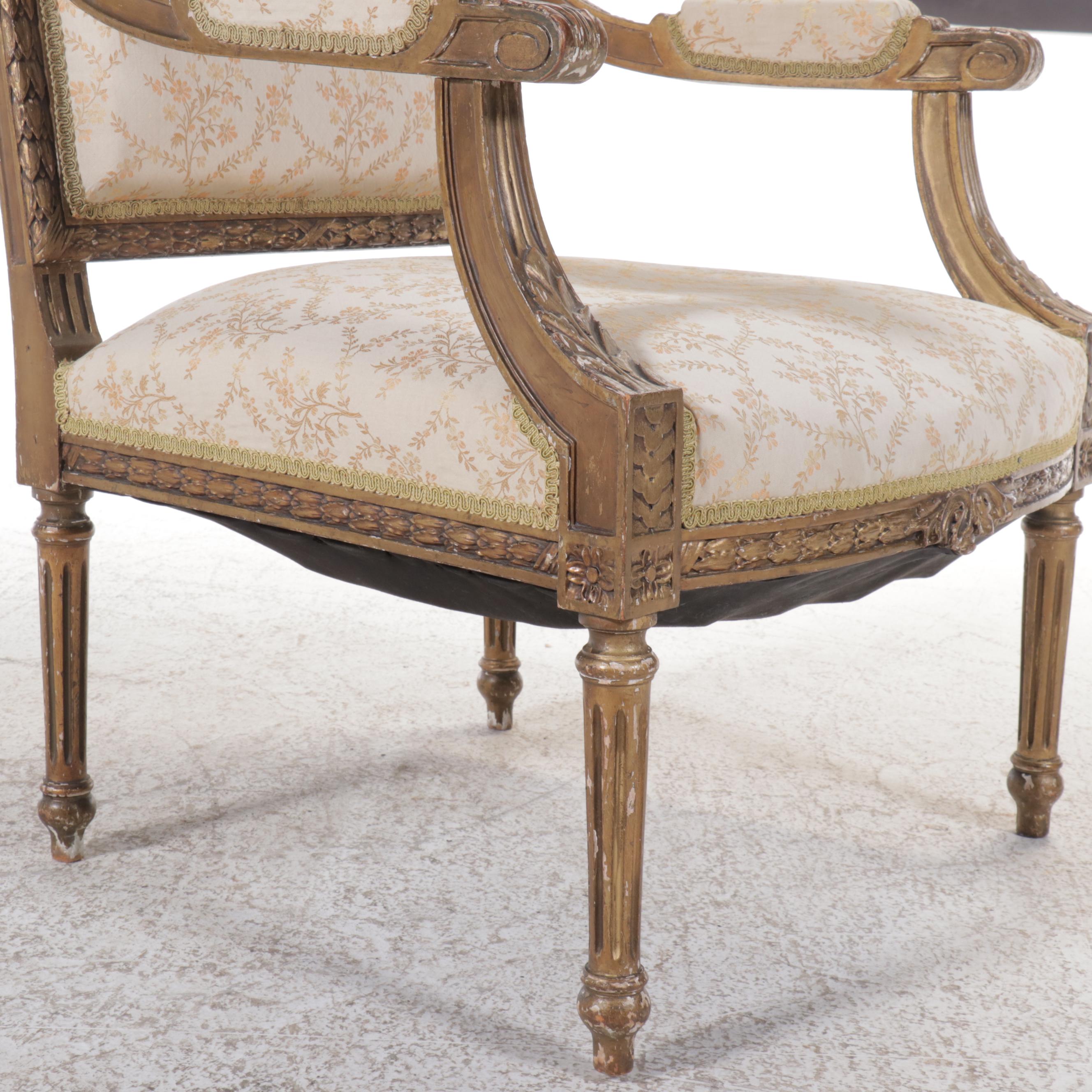 Louis XVI Style Fabric Upholstered Giltwood Fauteuil, 20th Century