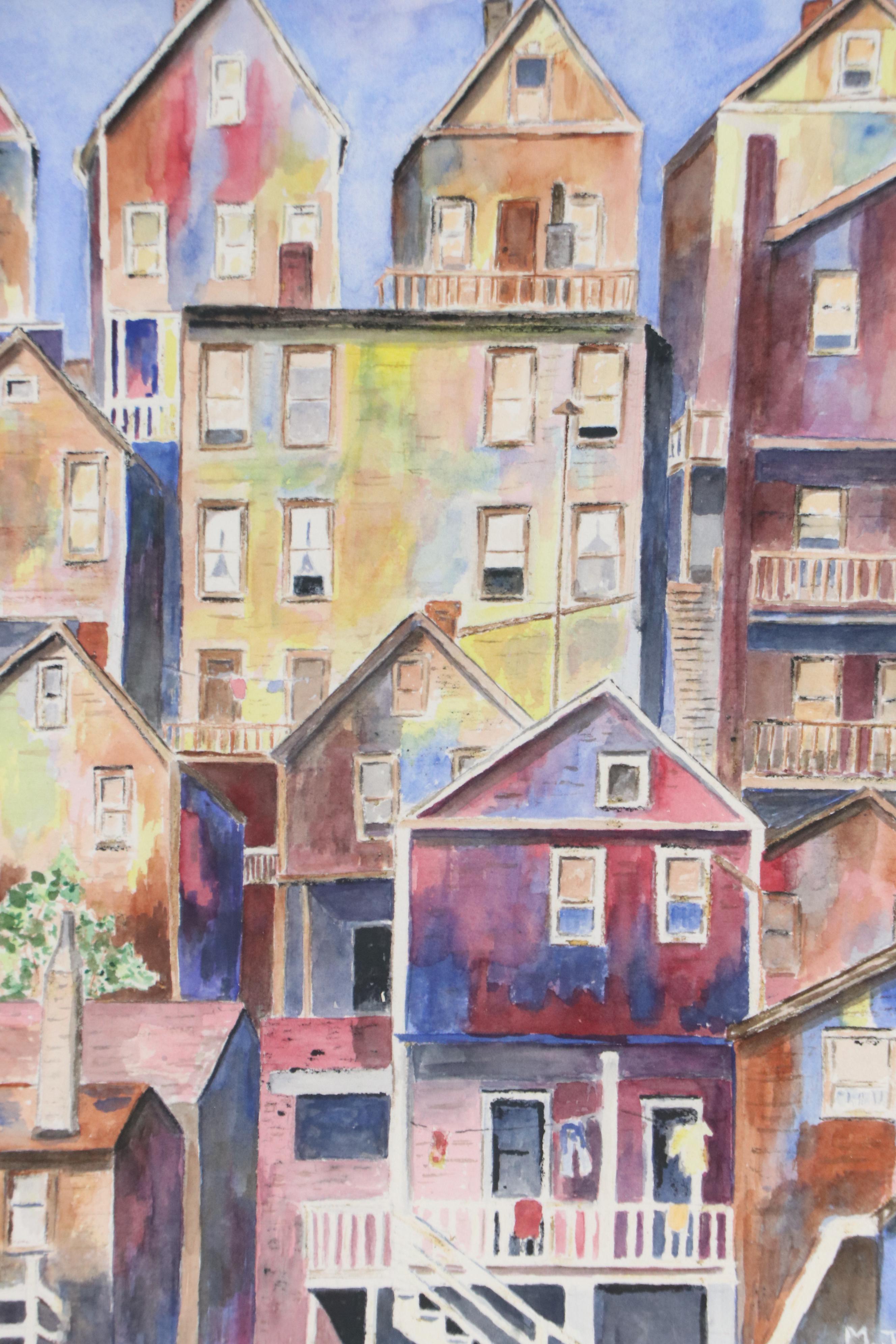 Marge Johnson Modernist Watercolor Painting "Cityscape," Late 20th Century