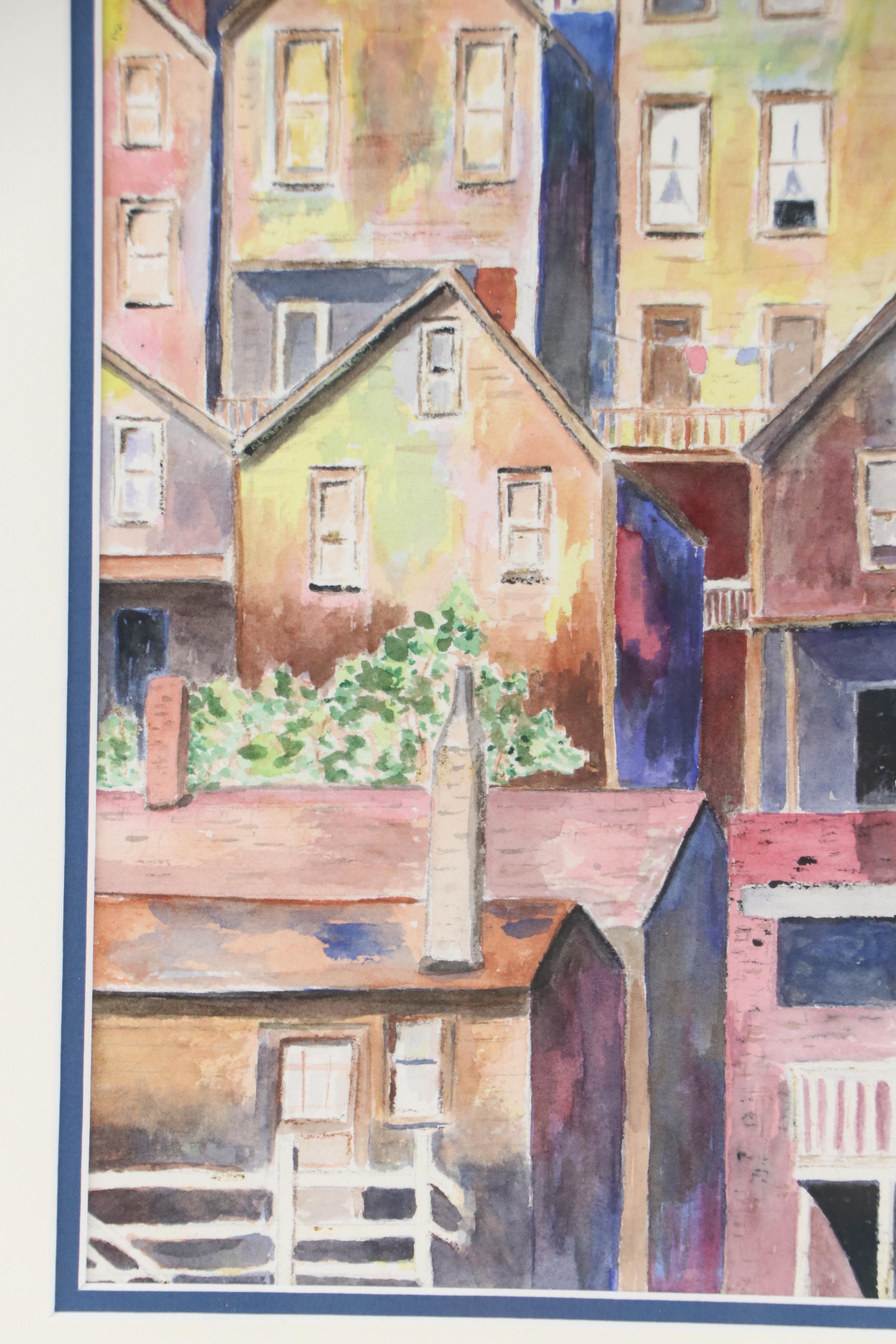 Marge Johnson Modernist Watercolor Painting "Cityscape," Late 20th Century