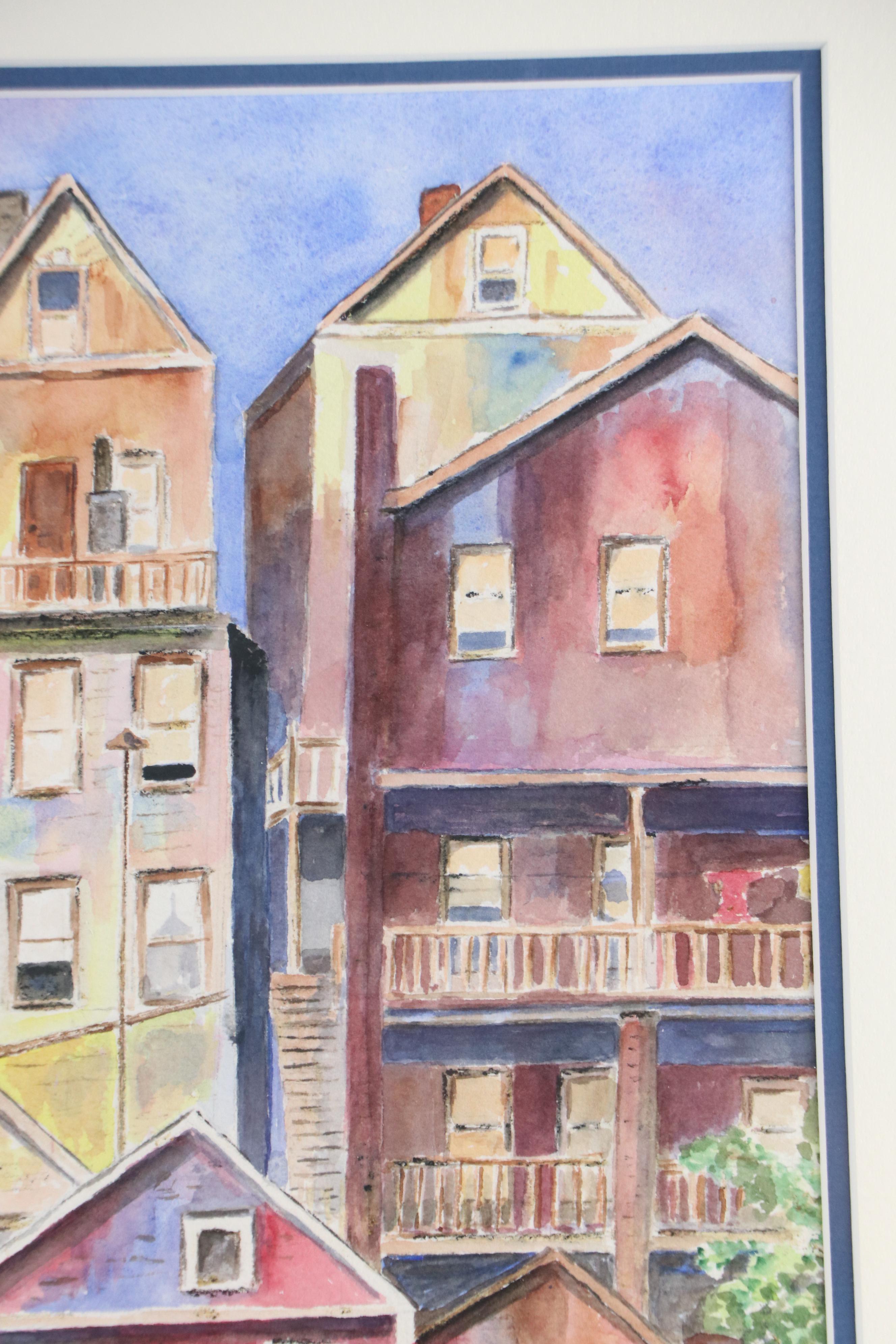 Marge Johnson Modernist Watercolor Painting "Cityscape," Late 20th Century