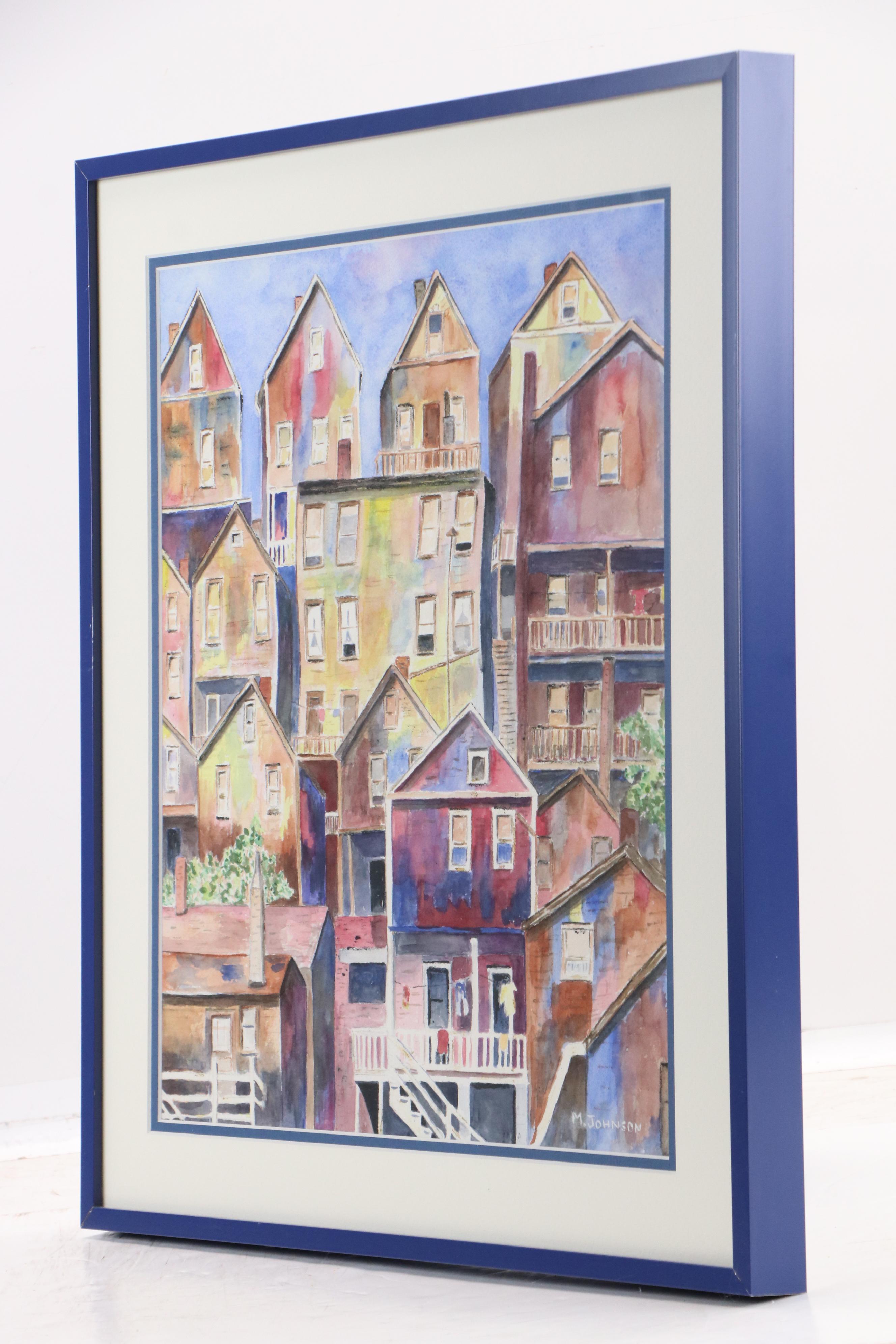 Marge Johnson Modernist Watercolor Painting "Cityscape," Late 20th Century