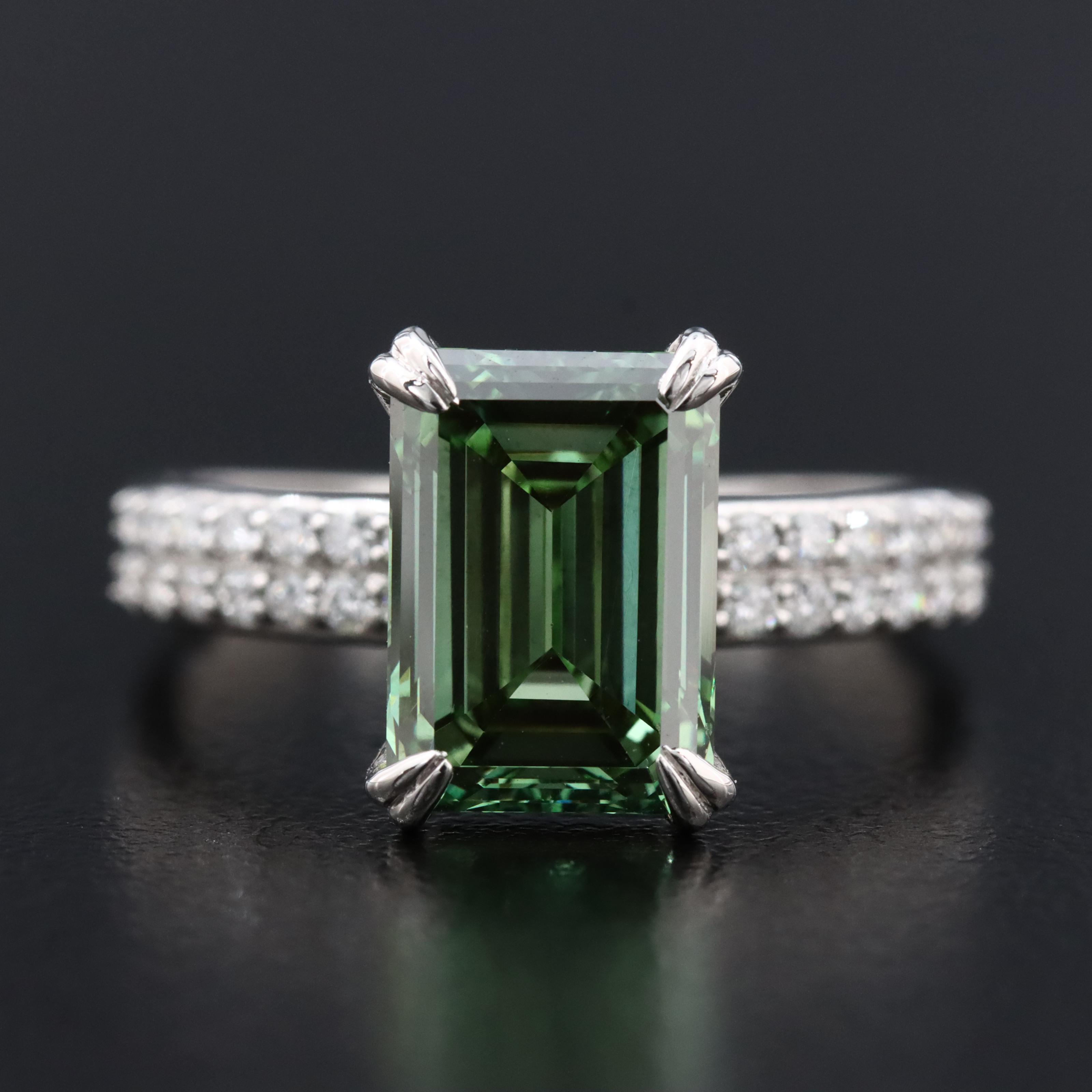 Platinum 3.33 CTW Lab Grown Diamond Ring with Fancy Green Center and IGI Report