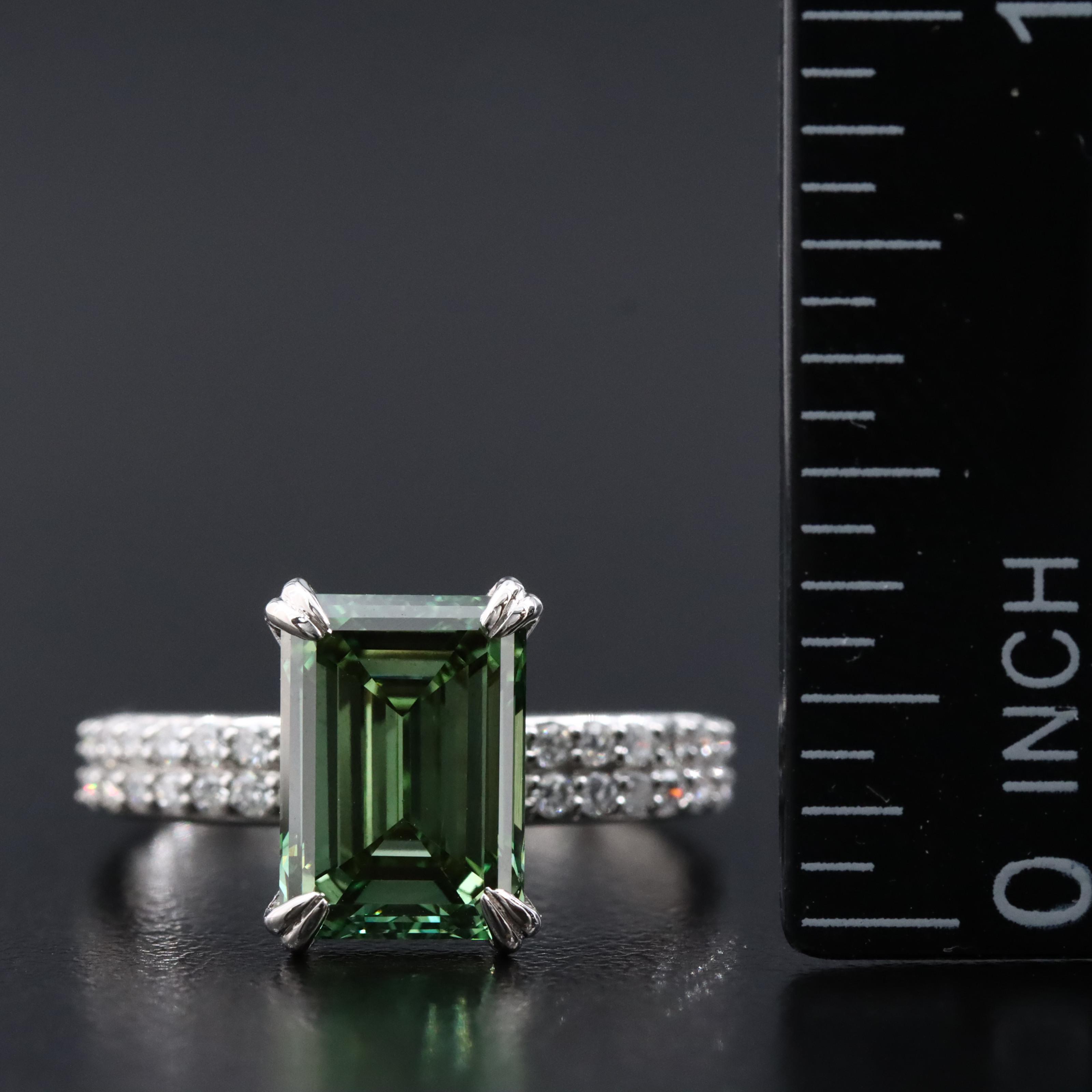 Platinum 3.33 CTW Lab Grown Diamond Ring with Fancy Green Center and IGI Report
