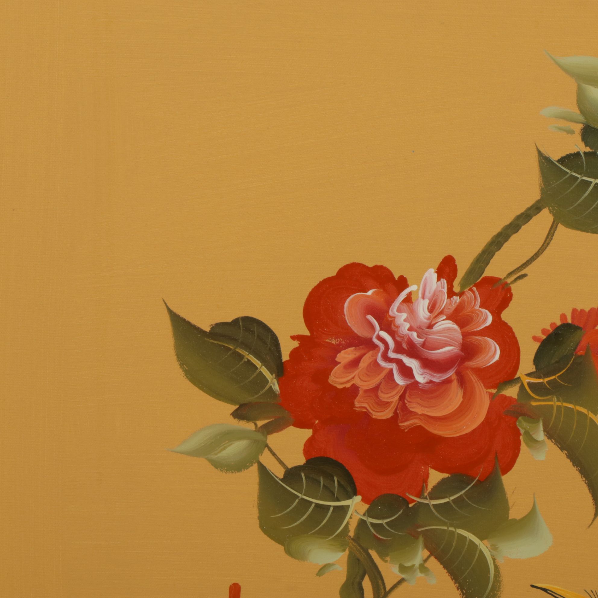 Asian-Inspired Oil Painting of Heron Amongst a Blossoming Branch of Peonies