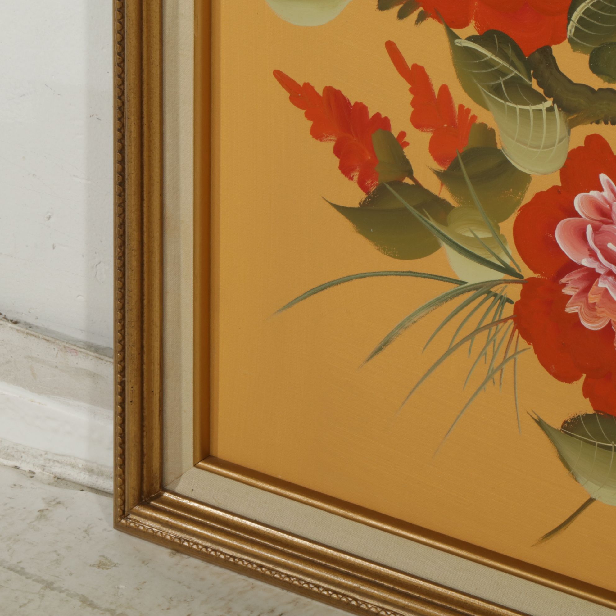 Asian-Inspired Oil Painting of Heron Amongst a Blossoming Branch of Peonies