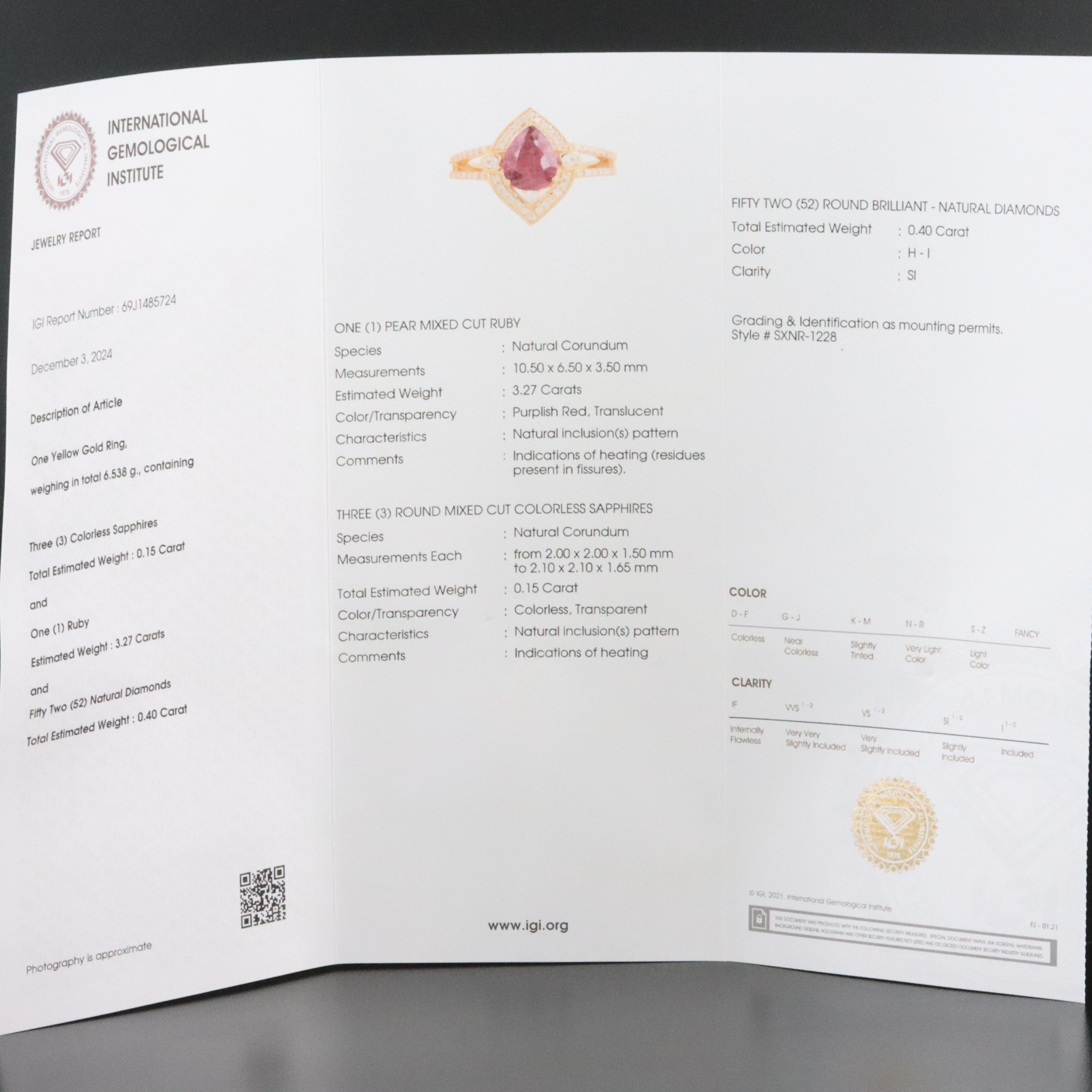 14K 3.27 CT Ruby, White Sapphire and Diamond Ring with IGI Jewelry Report