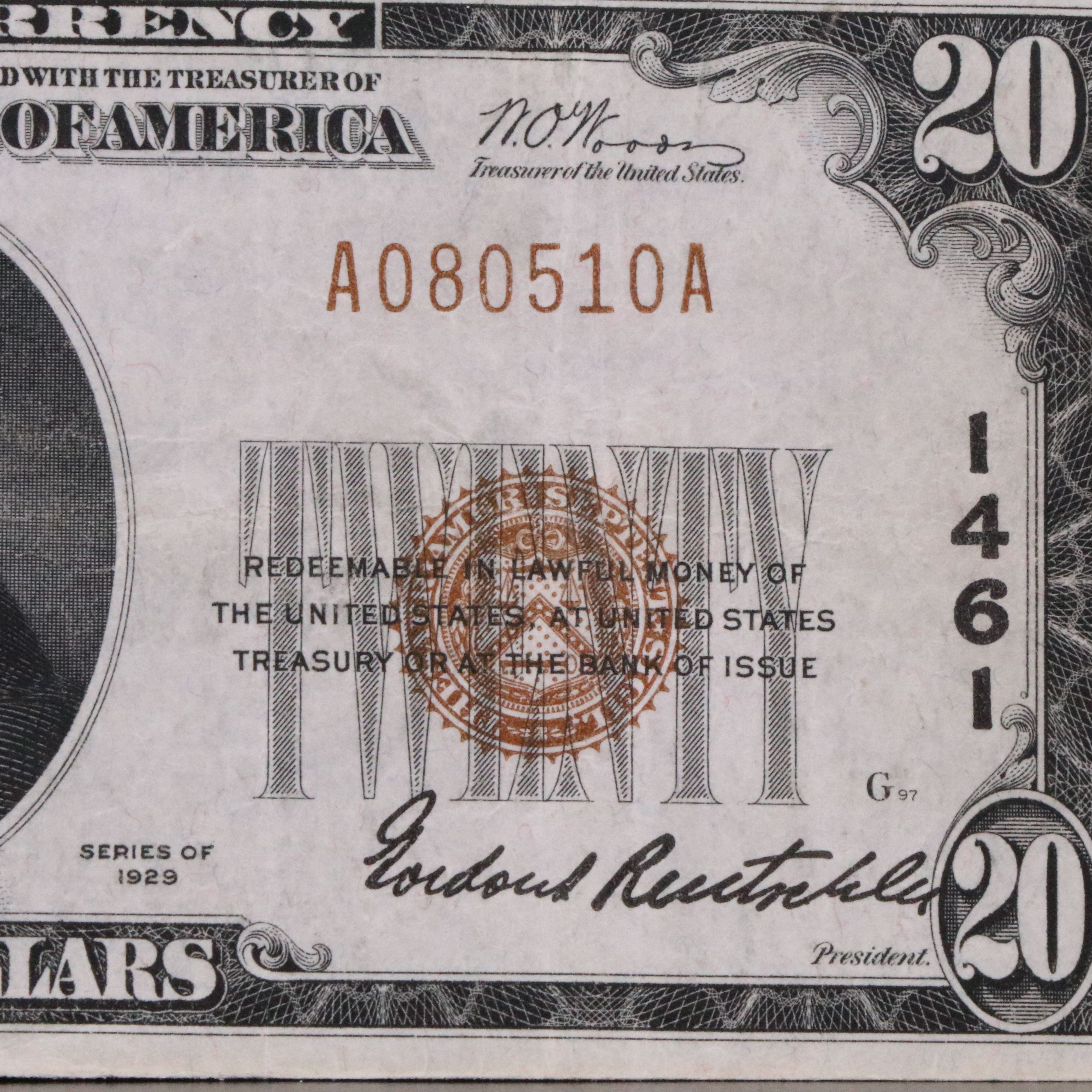 1929 Twenty Dollar National Bank Note From the National City Bank  of New York