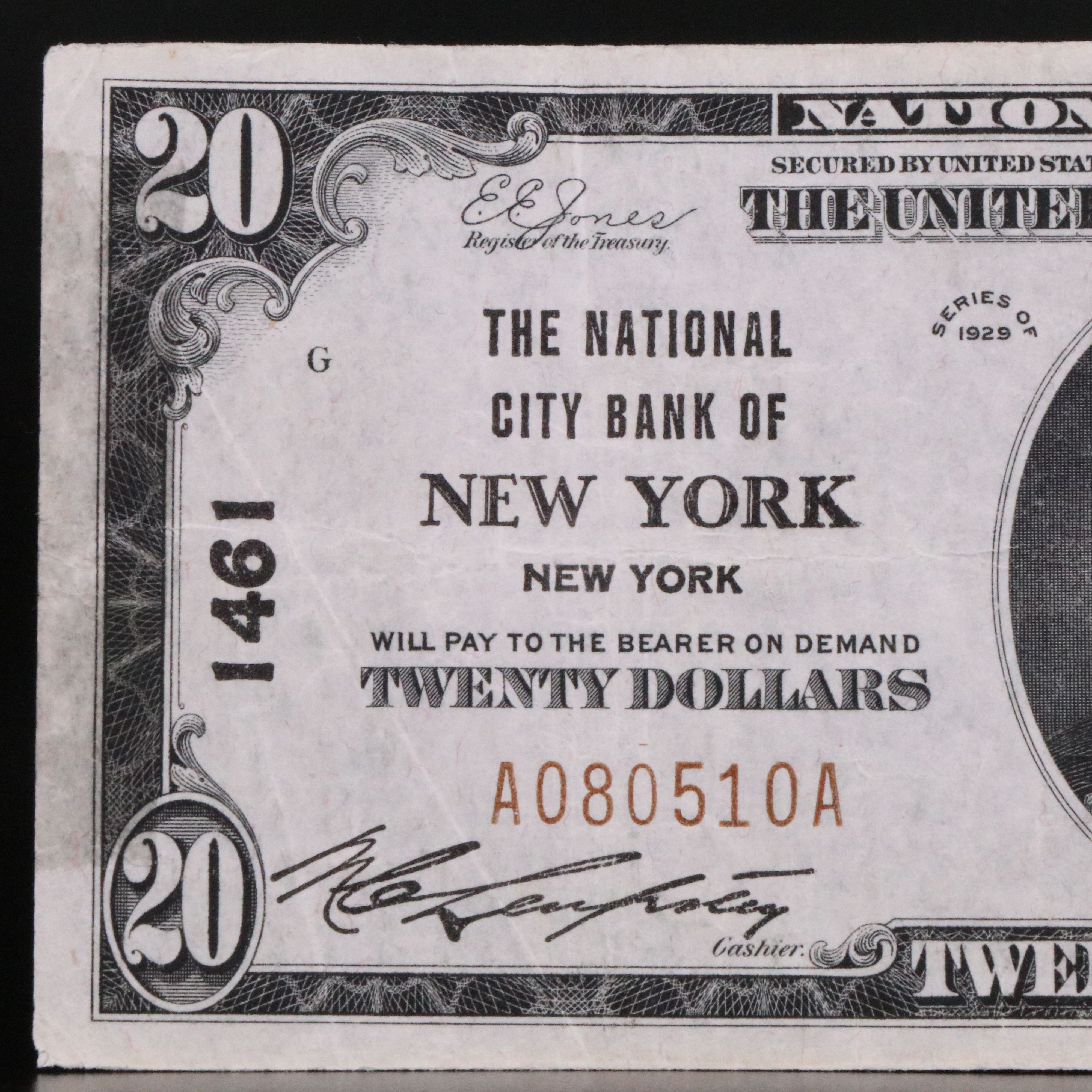 1929 Twenty Dollar National Bank Note From the National City Bank  of New York