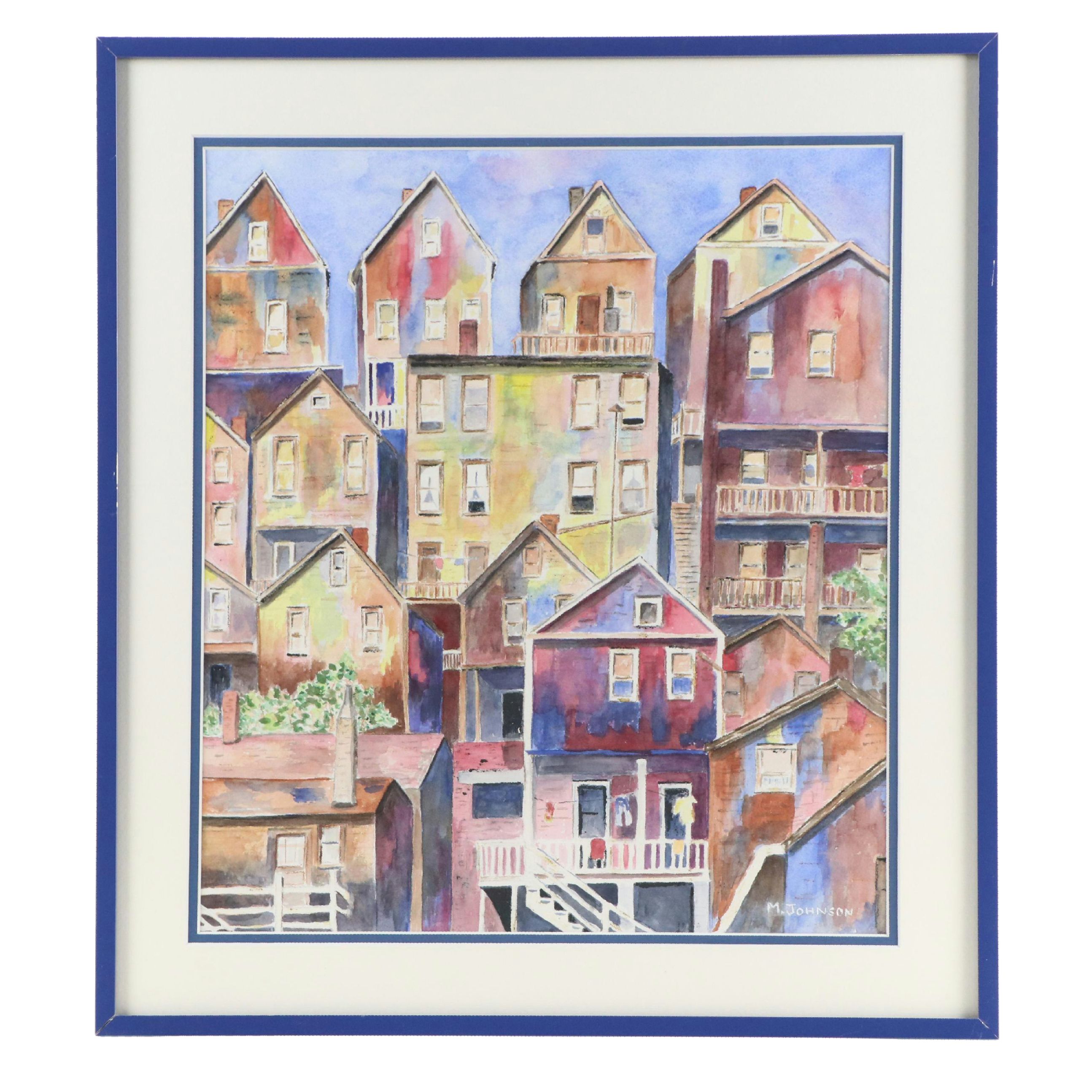 Marge Johnson Modernist Watercolor Painting "Cityscape," Late 20th Century