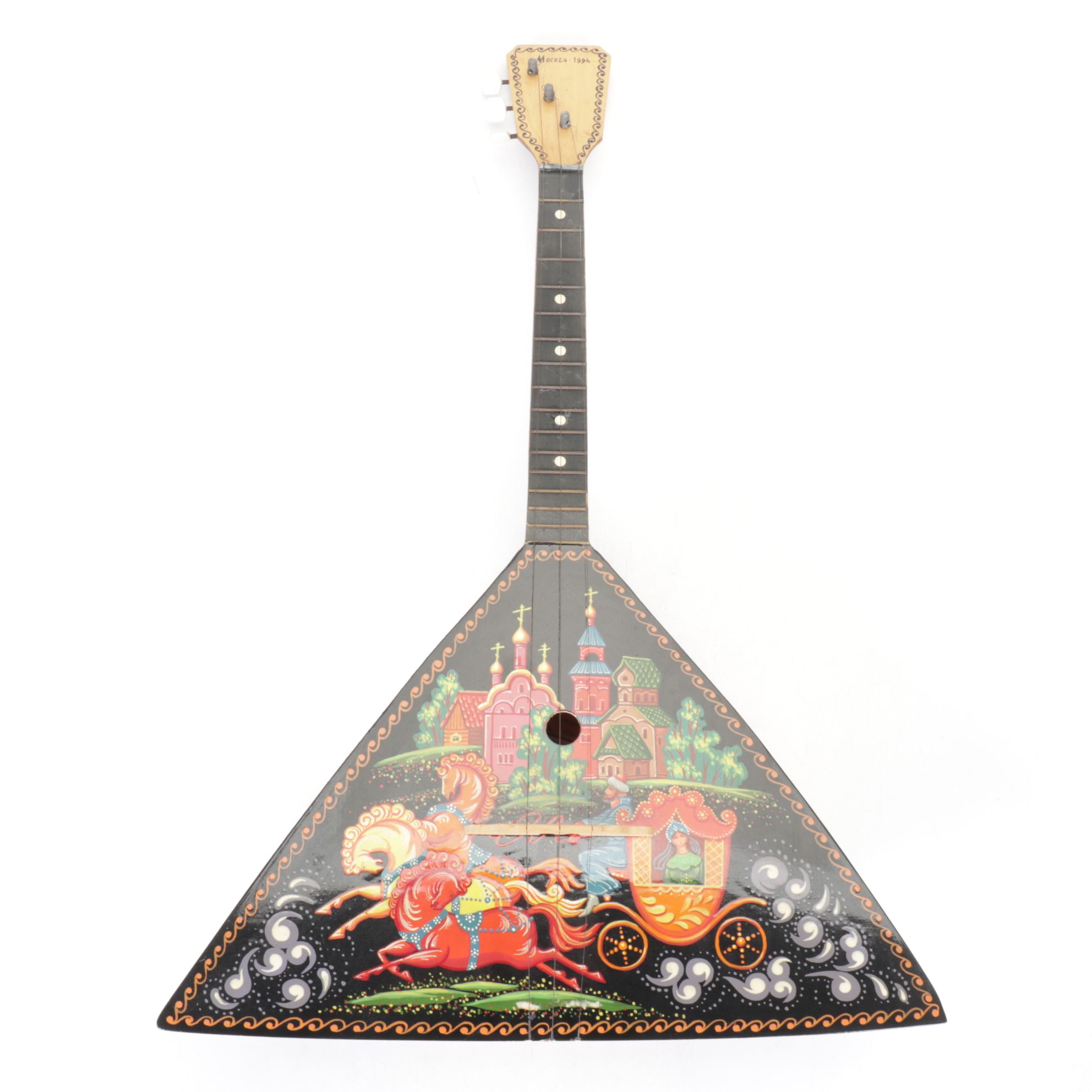 Russian Balalaika with Hand-Painted Troika Folk Tale Scene, 1994