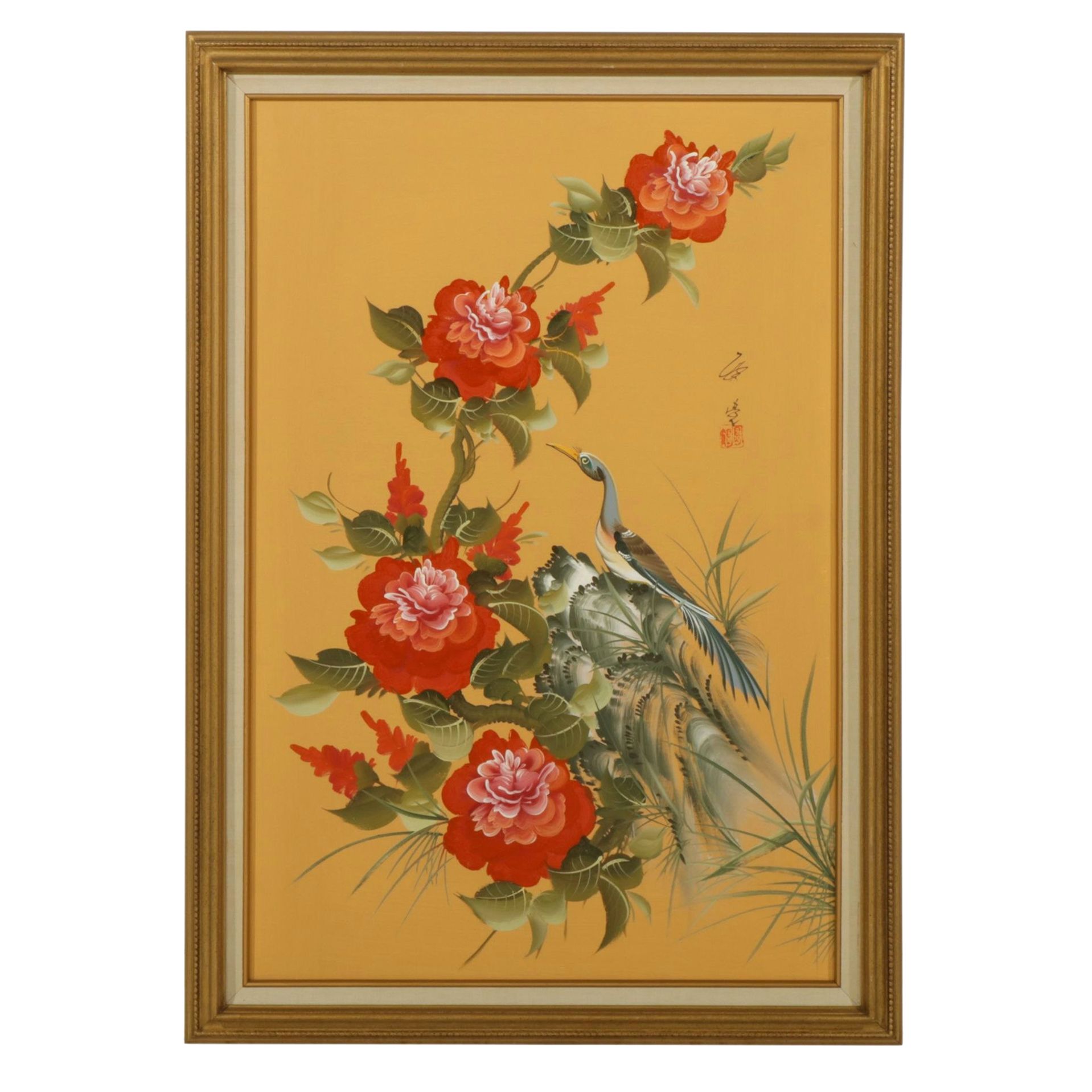 Asian-Inspired Oil Painting of Heron Amongst a Blossoming Branch of Peonies