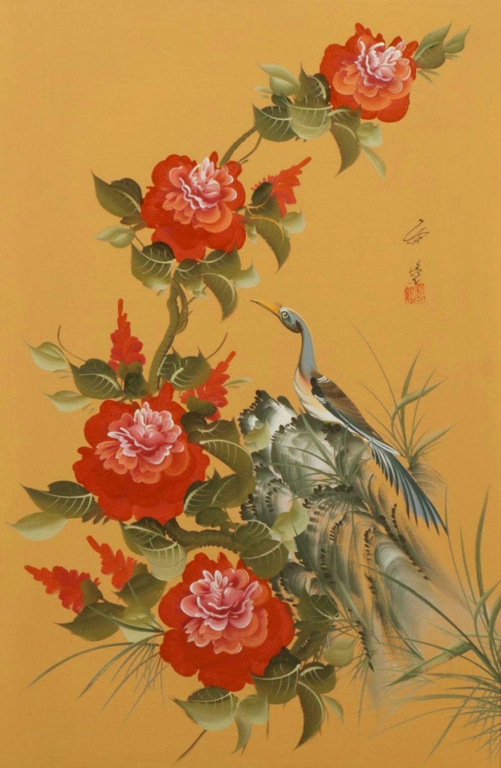 Asian-Inspired Oil Painting of Heron Amongst a Blossoming Branch of Peonies
