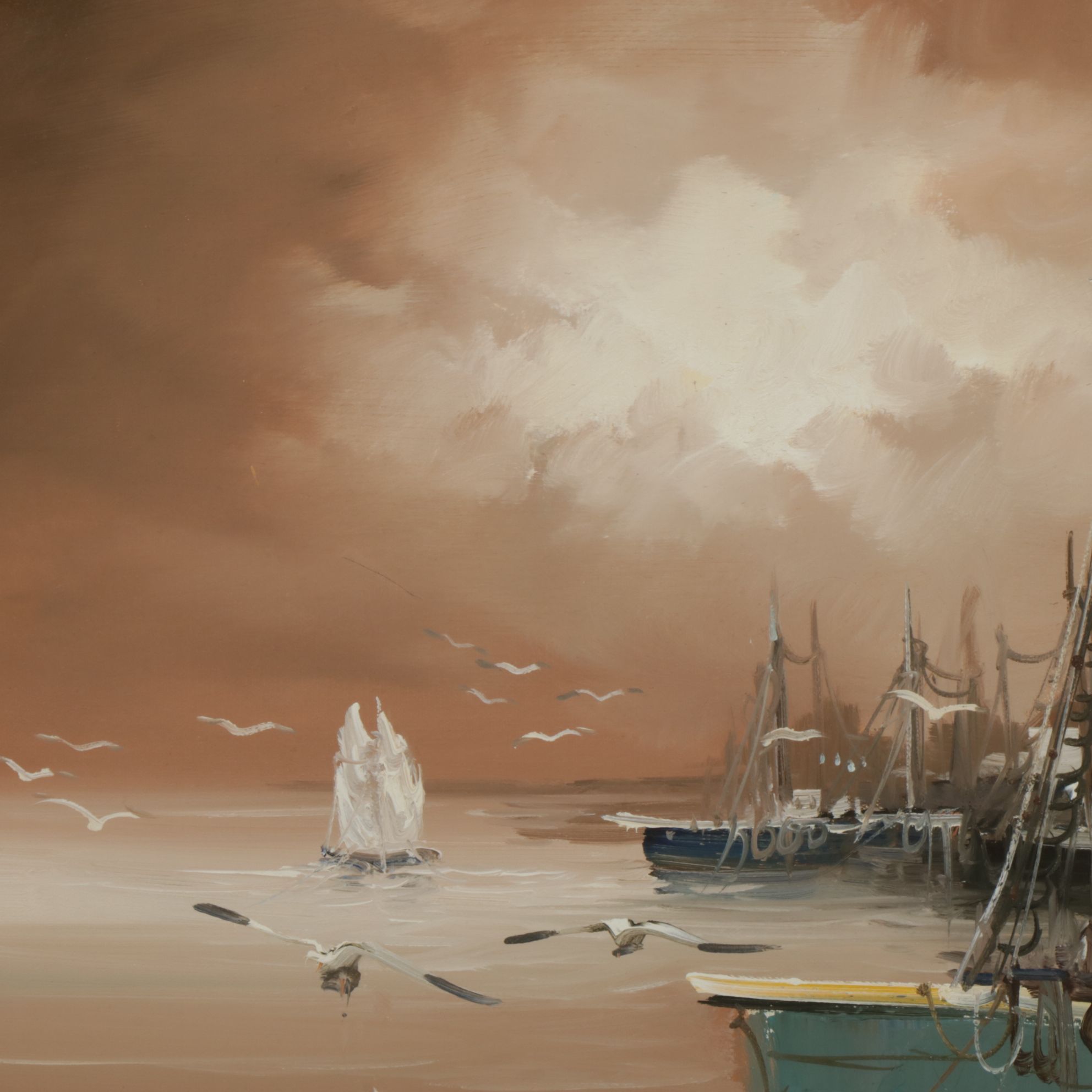 Nautical Oil Painting of Nighttime Harbor Scene with Docked Fishing Boats