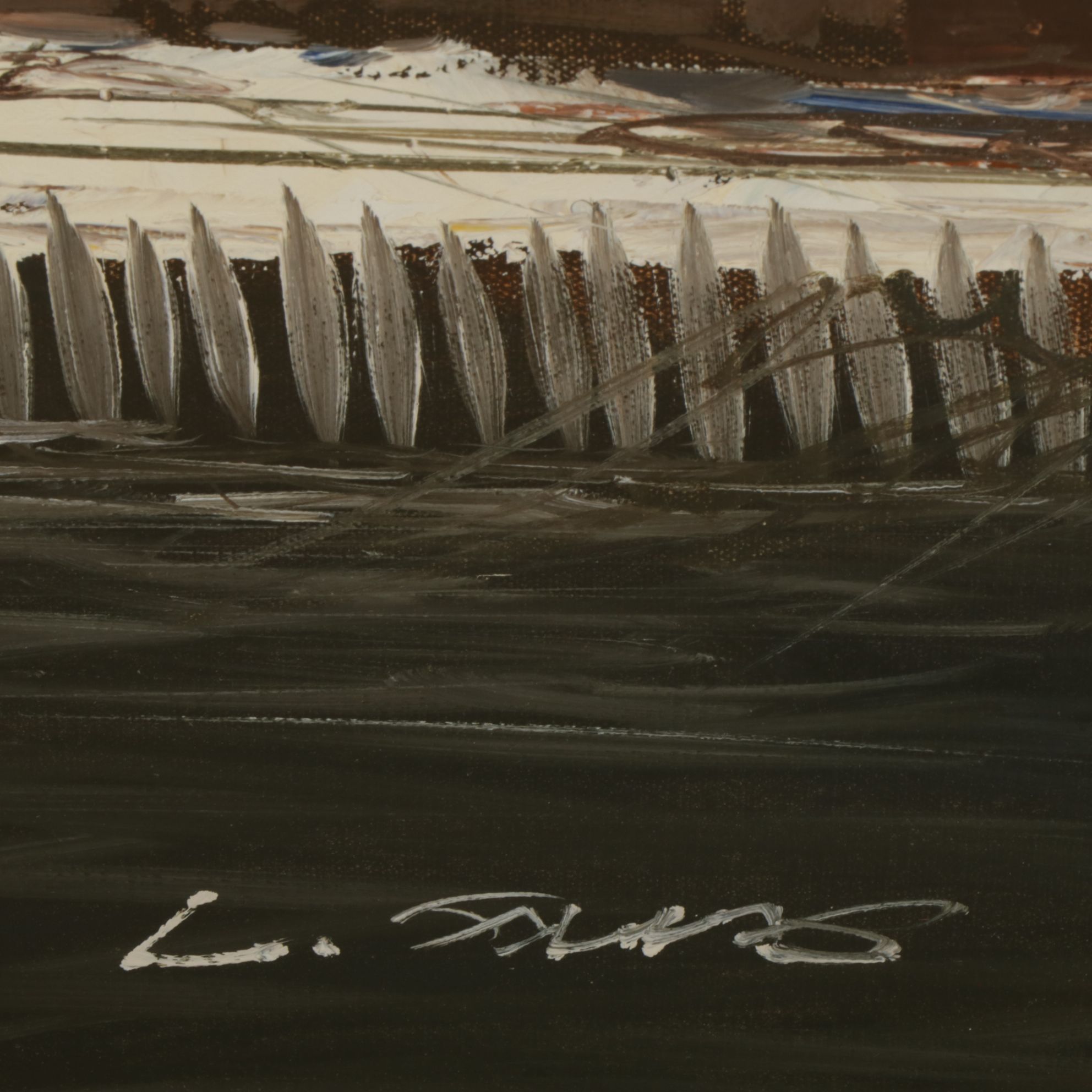 Nautical Oil Painting of Nighttime Harbor Scene with Docked Fishing Boats