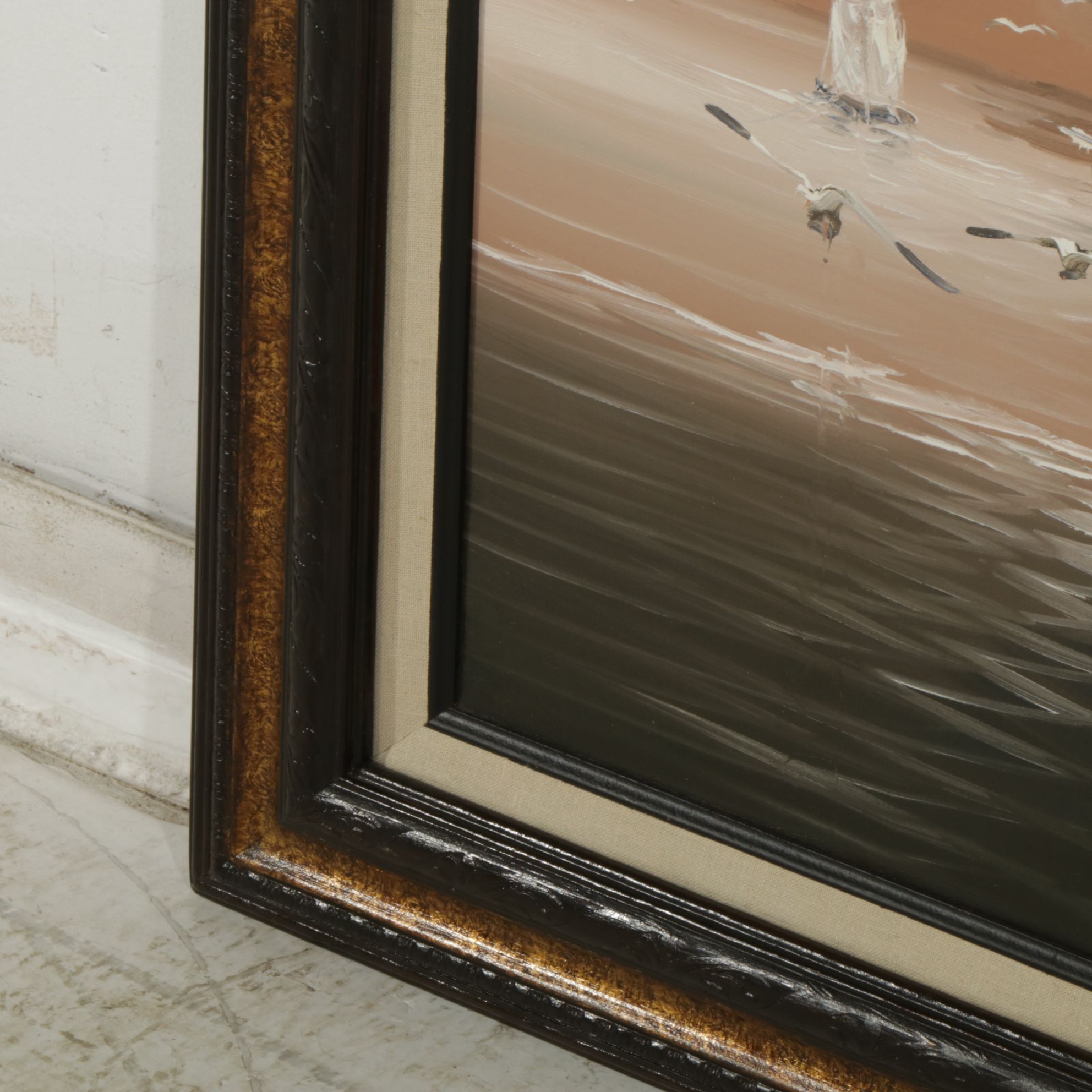 Nautical Oil Painting of Nighttime Harbor Scene with Docked Fishing Boats