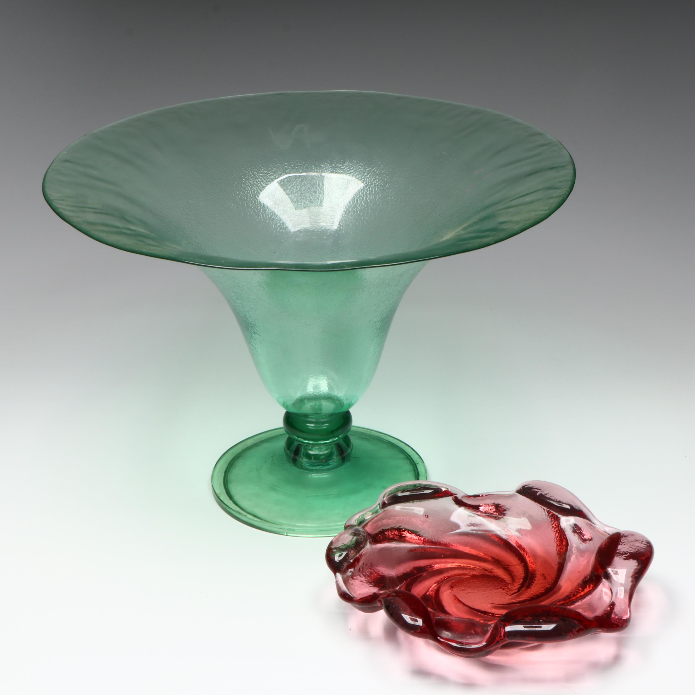 Green Finished Glass Footed Bowl with Cranberry Swirl Ashtray