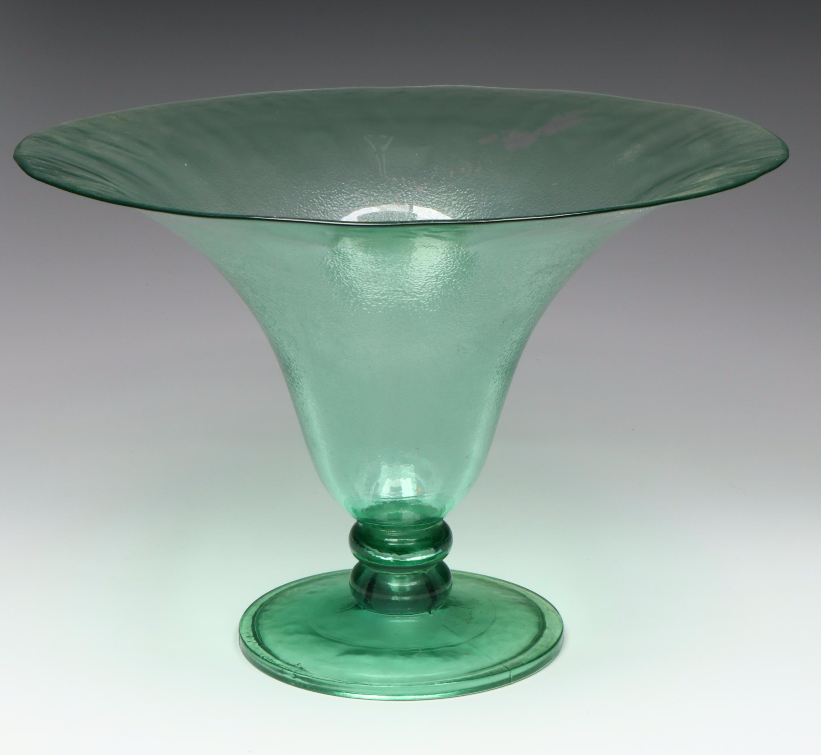 Green Finished Glass Footed Bowl with Cranberry Swirl Ashtray