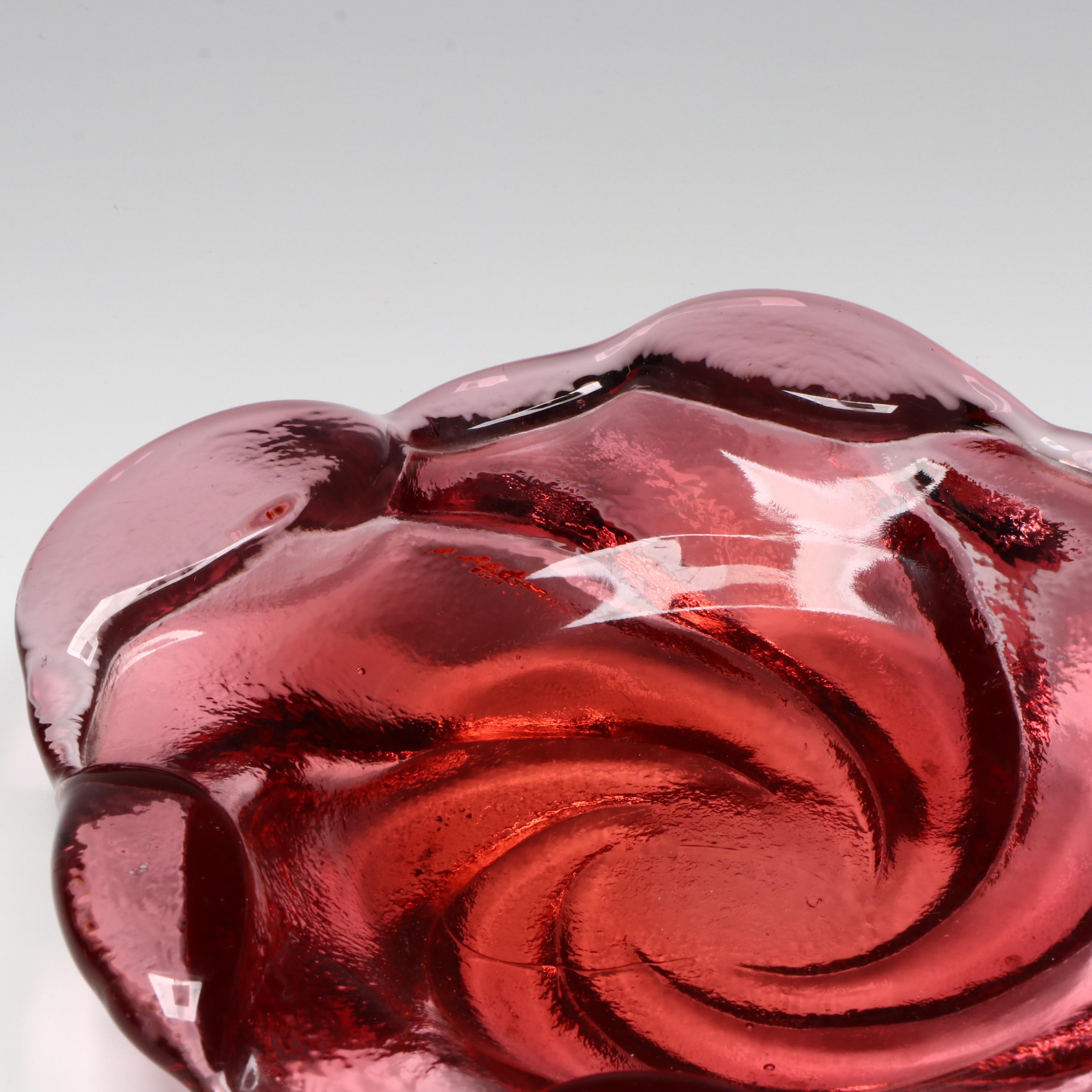 Green Finished Glass Footed Bowl with Cranberry Swirl Ashtray