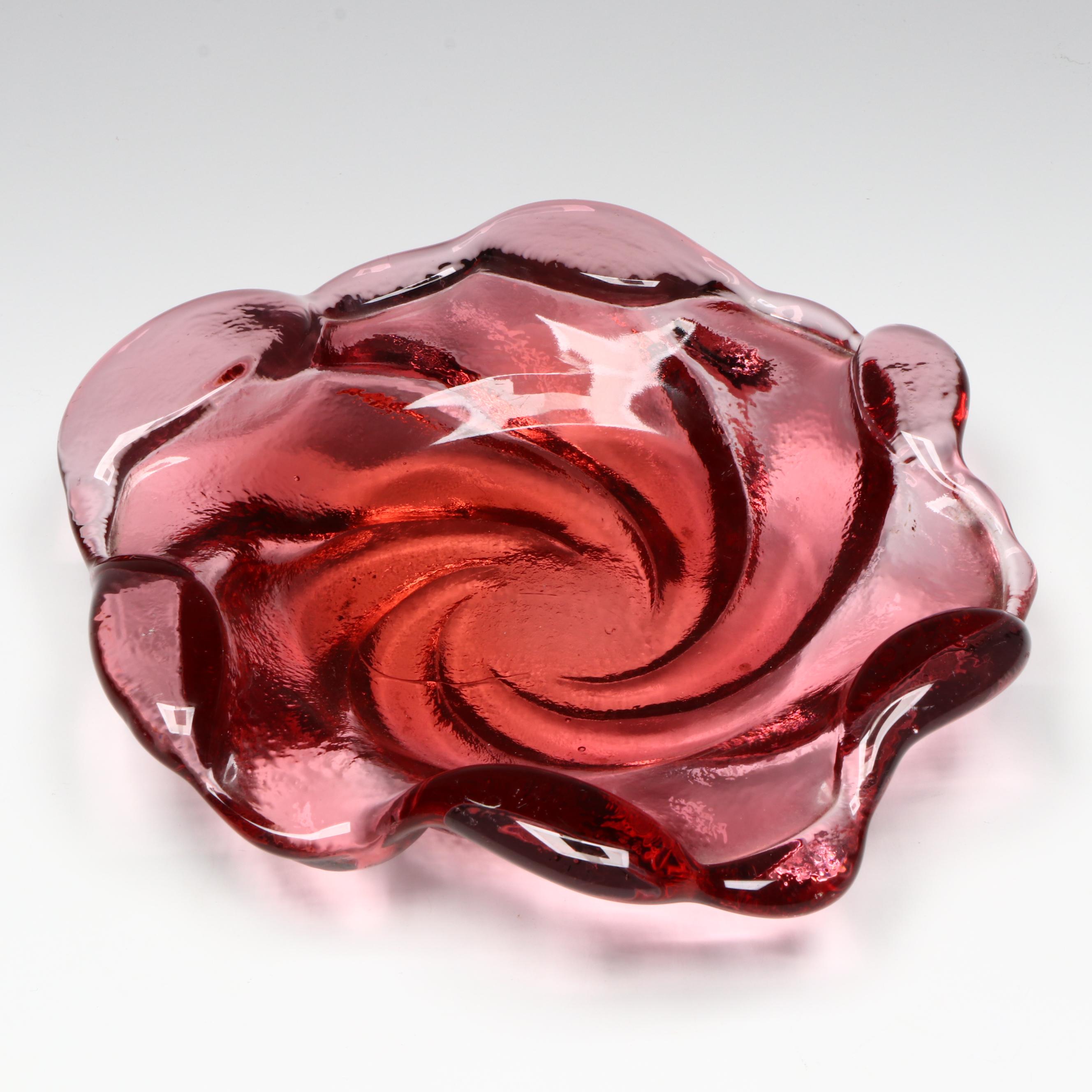 Green Finished Glass Footed Bowl with Cranberry Swirl Ashtray