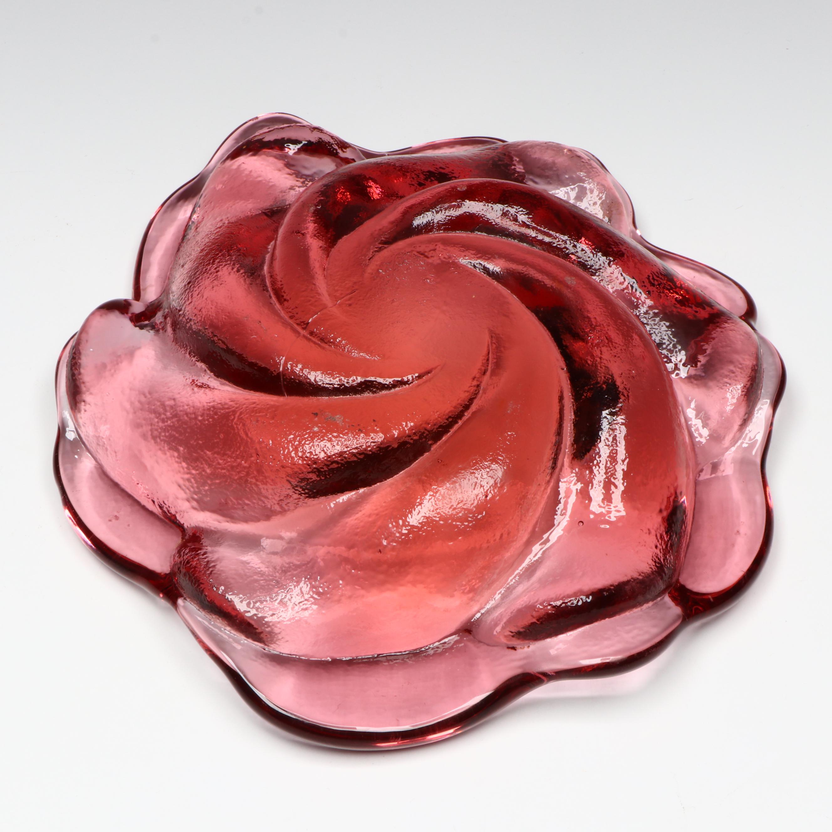 Green Finished Glass Footed Bowl with Cranberry Swirl Ashtray