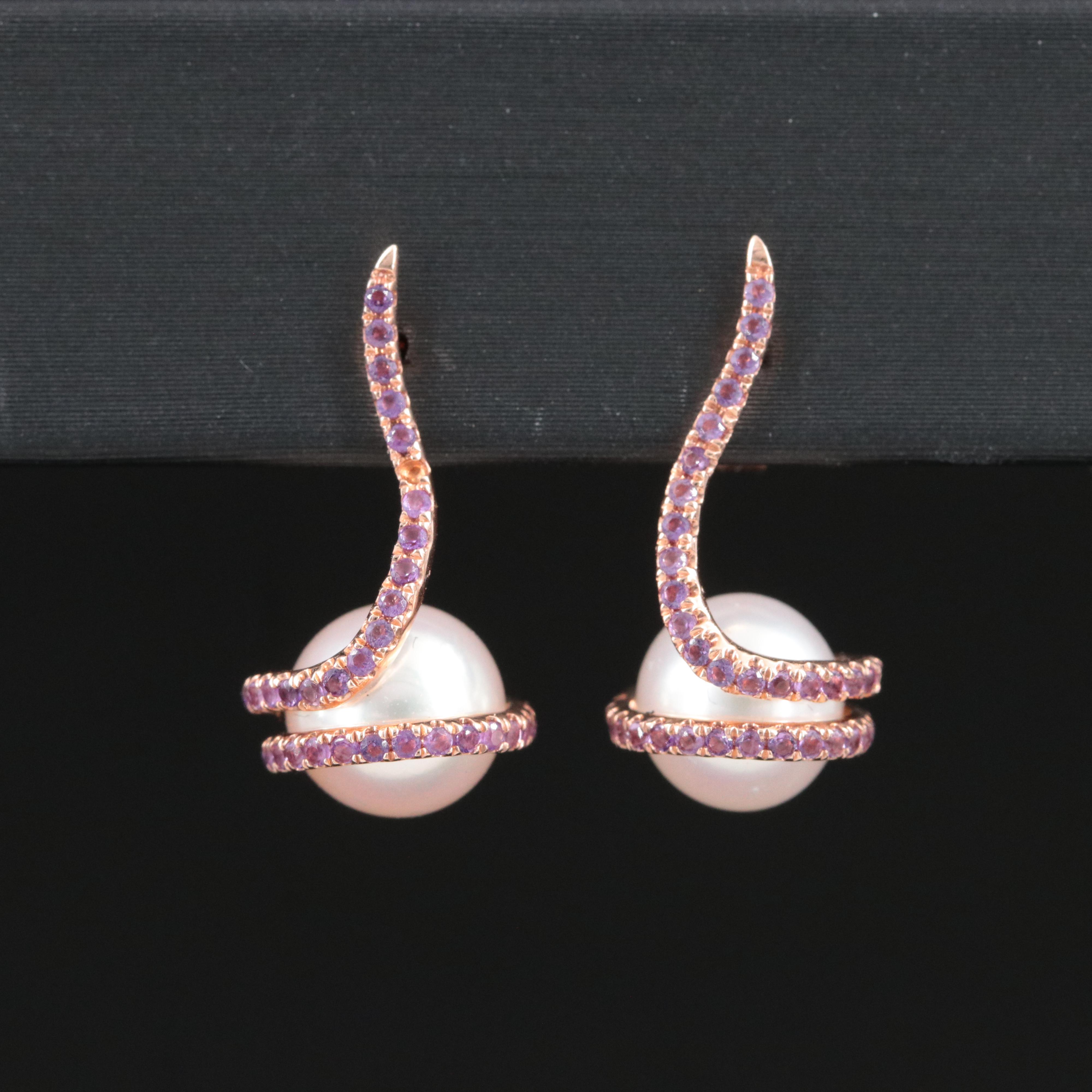 14K Rose Gold Pearl and Amethyst Earrings