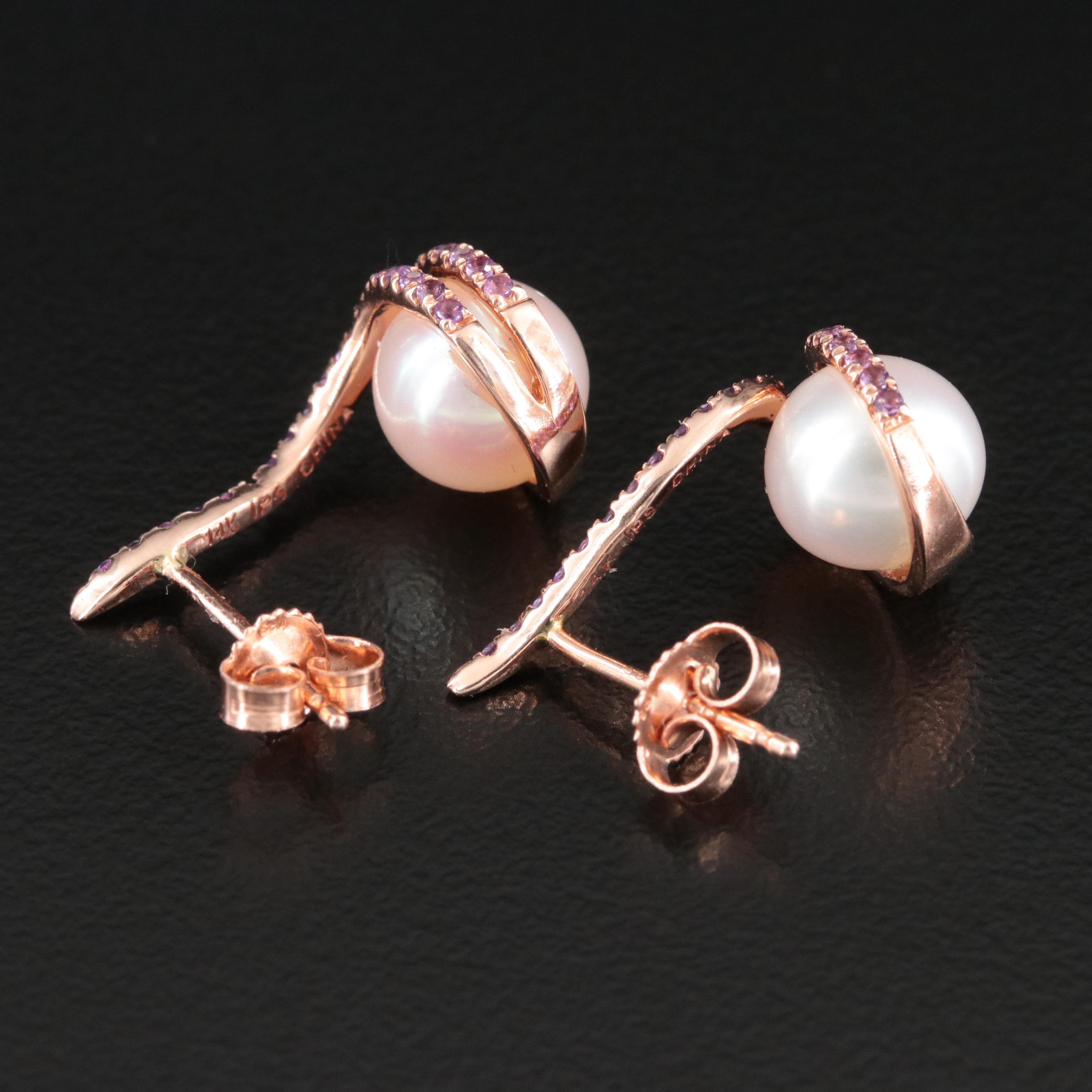 14K Rose Gold Pearl and Amethyst Earrings