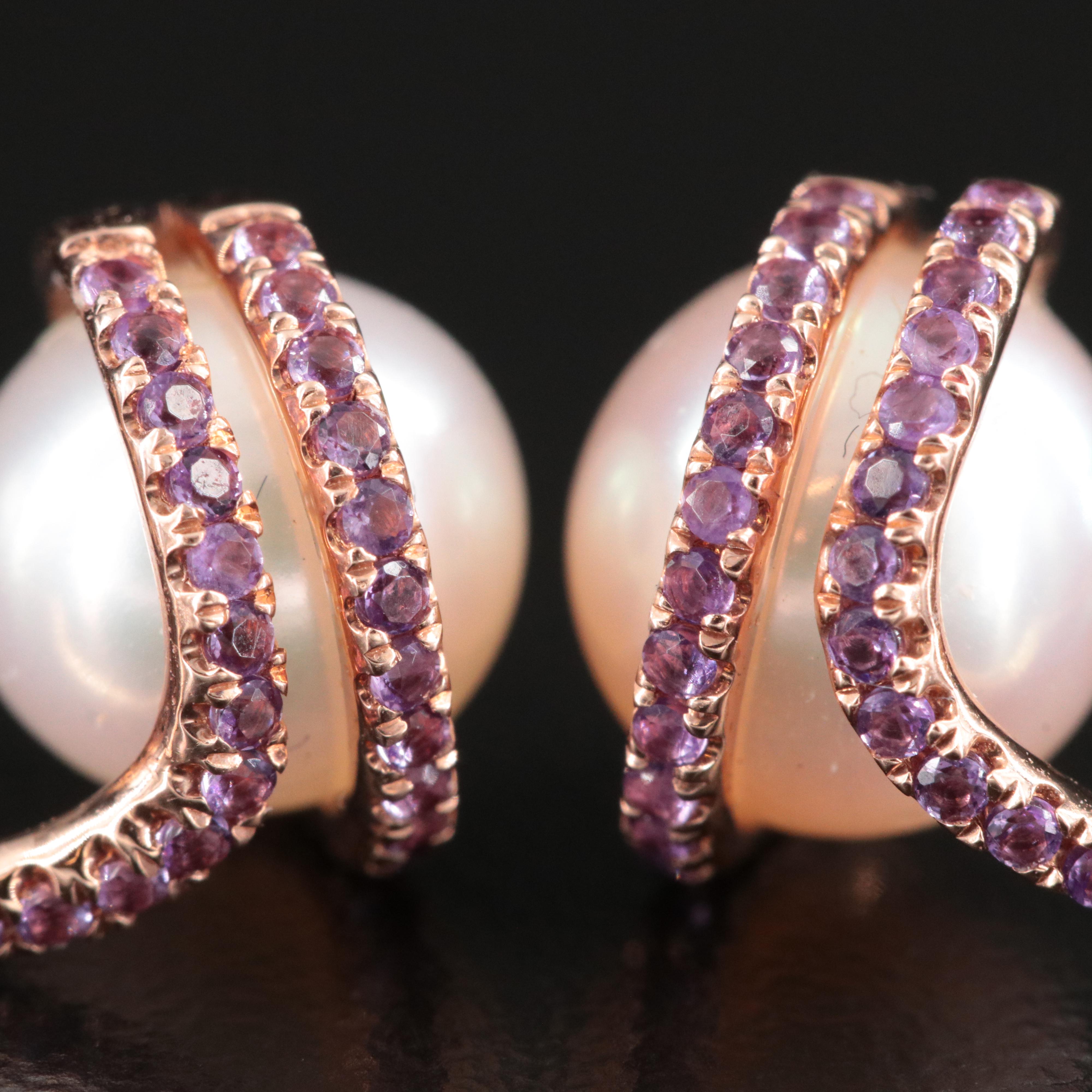 14K Rose Gold Pearl and Amethyst Earrings