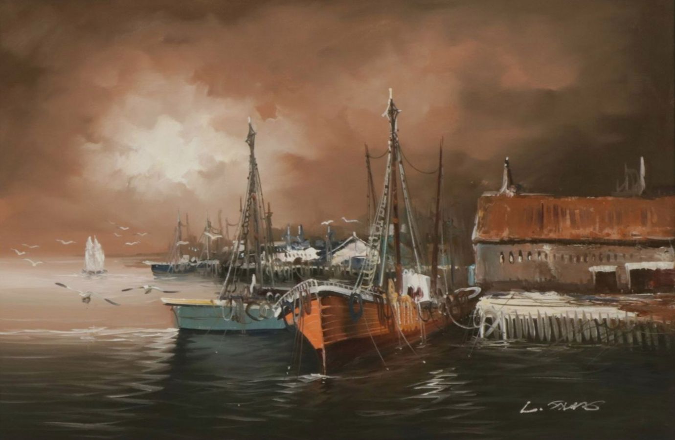 Nautical Oil Painting of Nighttime Harbor Scene with Docked Fishing Boats