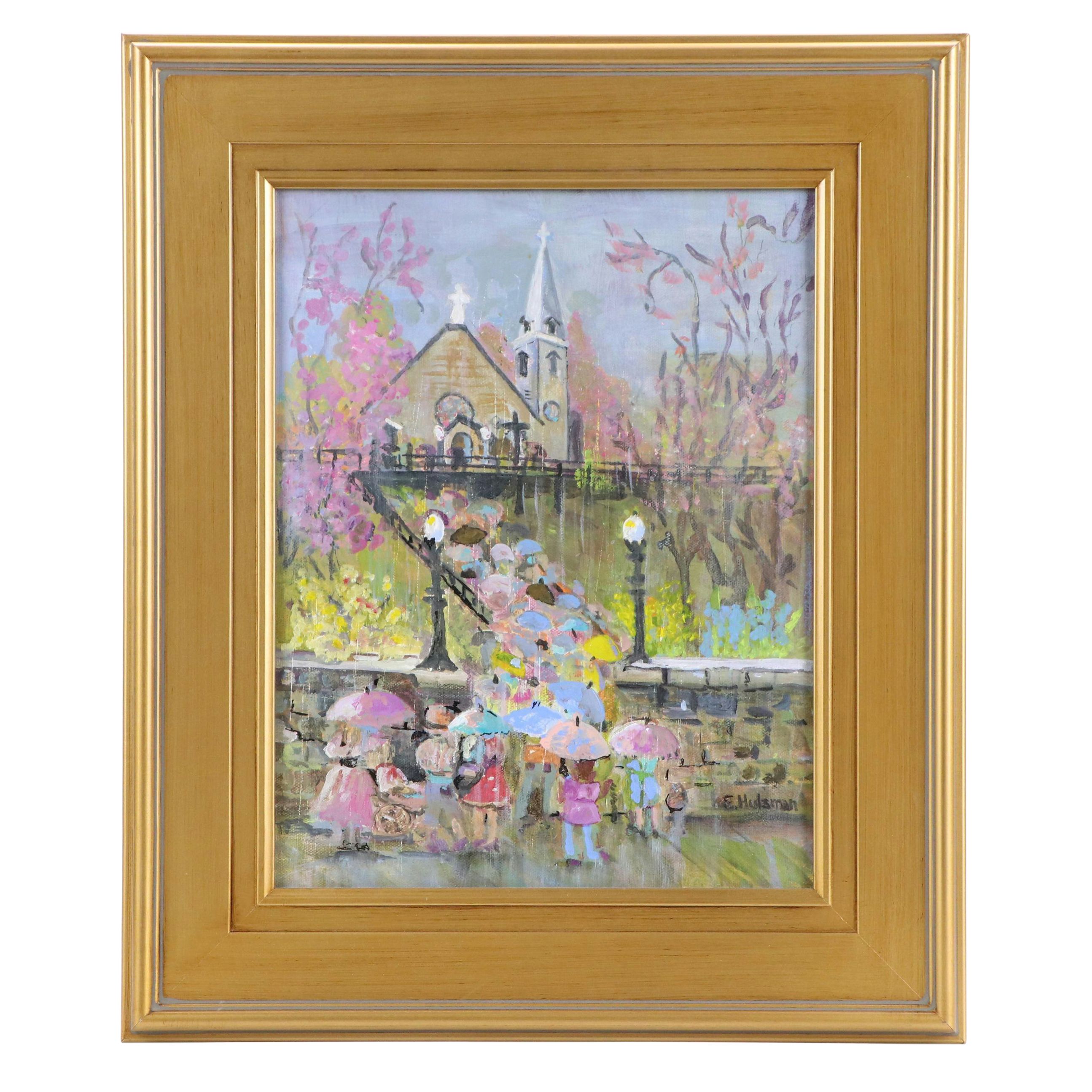 Oil Painting of Impressionistic Rainy Scene, 20th Century