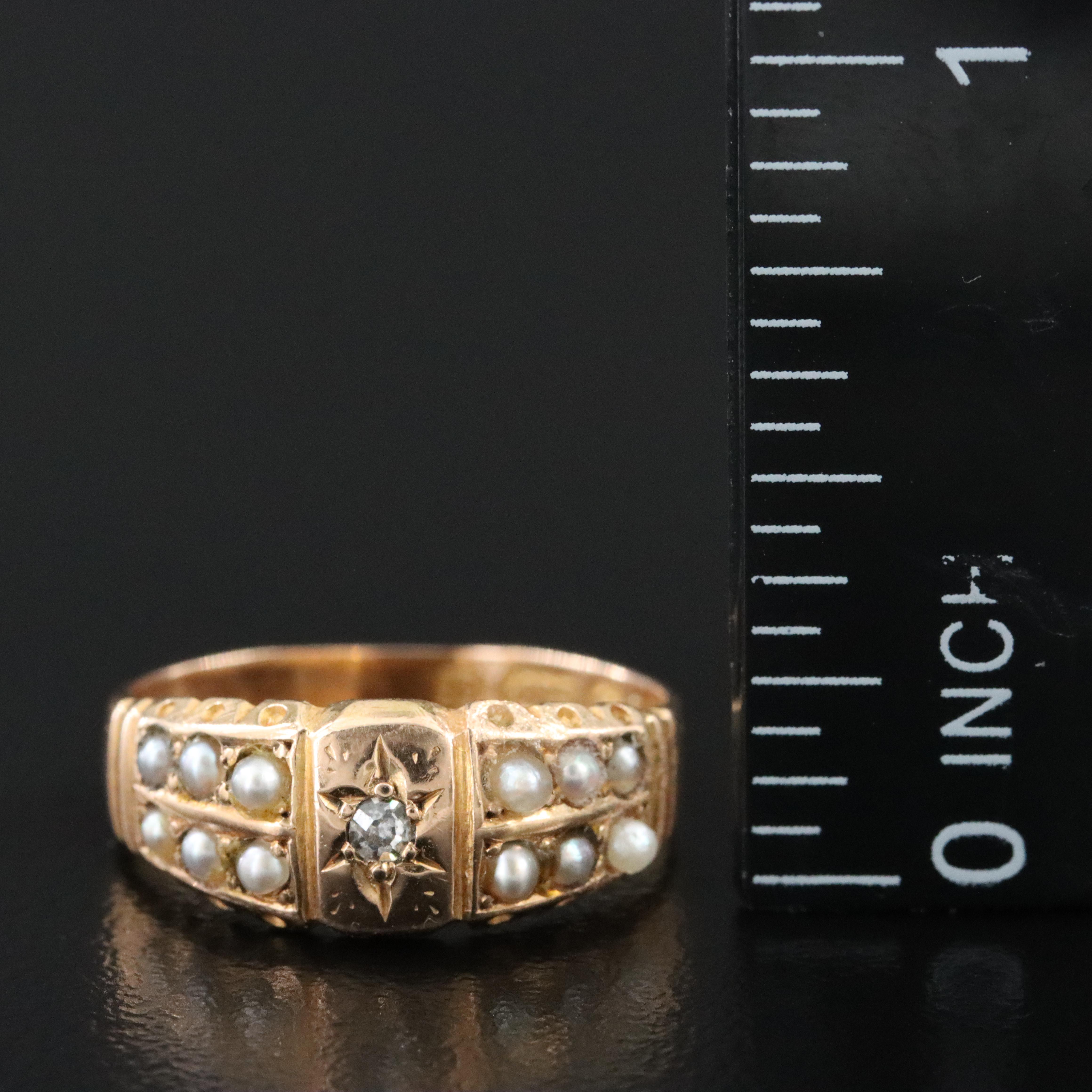 Victorian 15K 0.03 CT Diamond and Seed Pearl Ring
